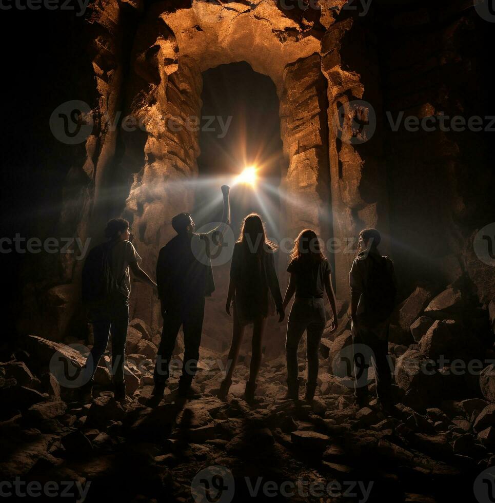 A group of friends are walking through a dark ancient ruin, wanderlust travel stock photos, realistic stock photos