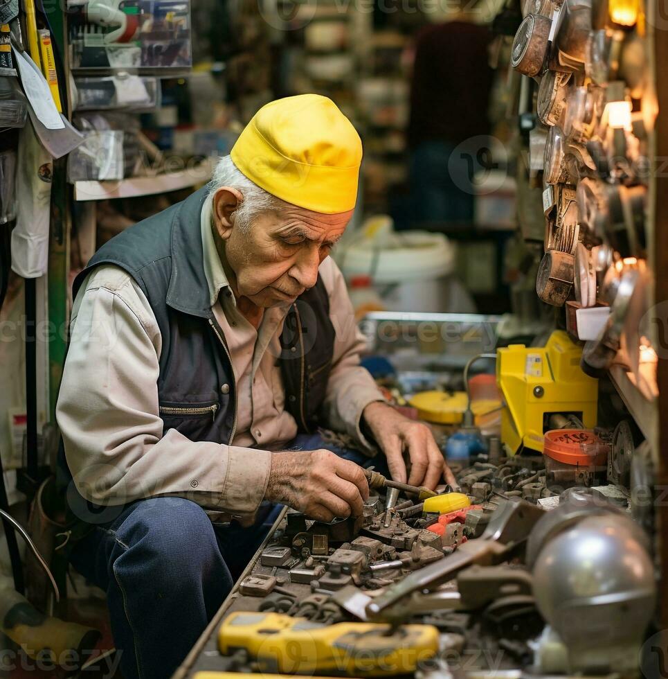 A man working on a piece of metal at a hardware store, industrial machinery stock photos