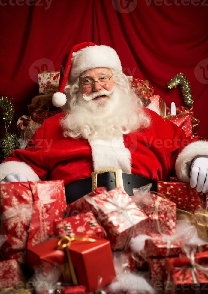 un cerca arriba retrato de Papa Noel claus sentado en su trineo, Navidad imagen, fotorrealista ilustración foto