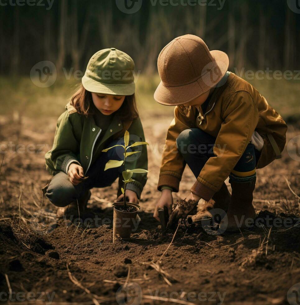 Two children in the field planting trees, nature stock photo