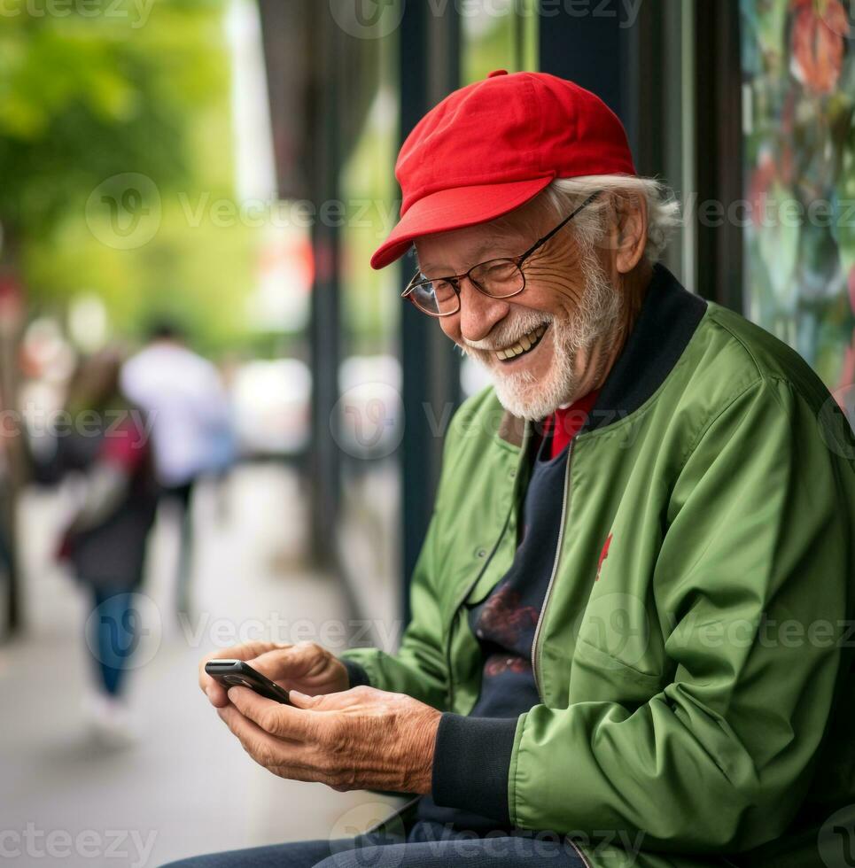 Old man using his smart phone in the city, modern aging stock images, ai generated aging images photo