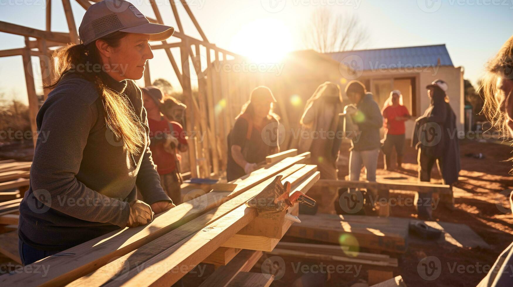 A volunteer is building a house for a family in need, mental health images, photorealistic illustration photo