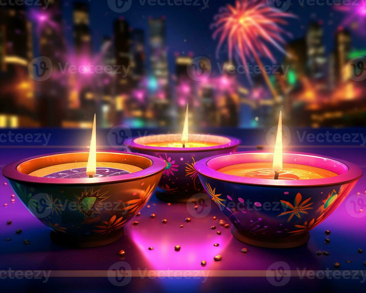 Three bowls with colourful candles with fireworks in the background, diwali stock images and illustrations photo