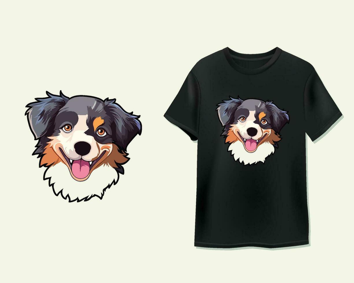 Happy Australian Shepherd Face on Black T-Shirt vector