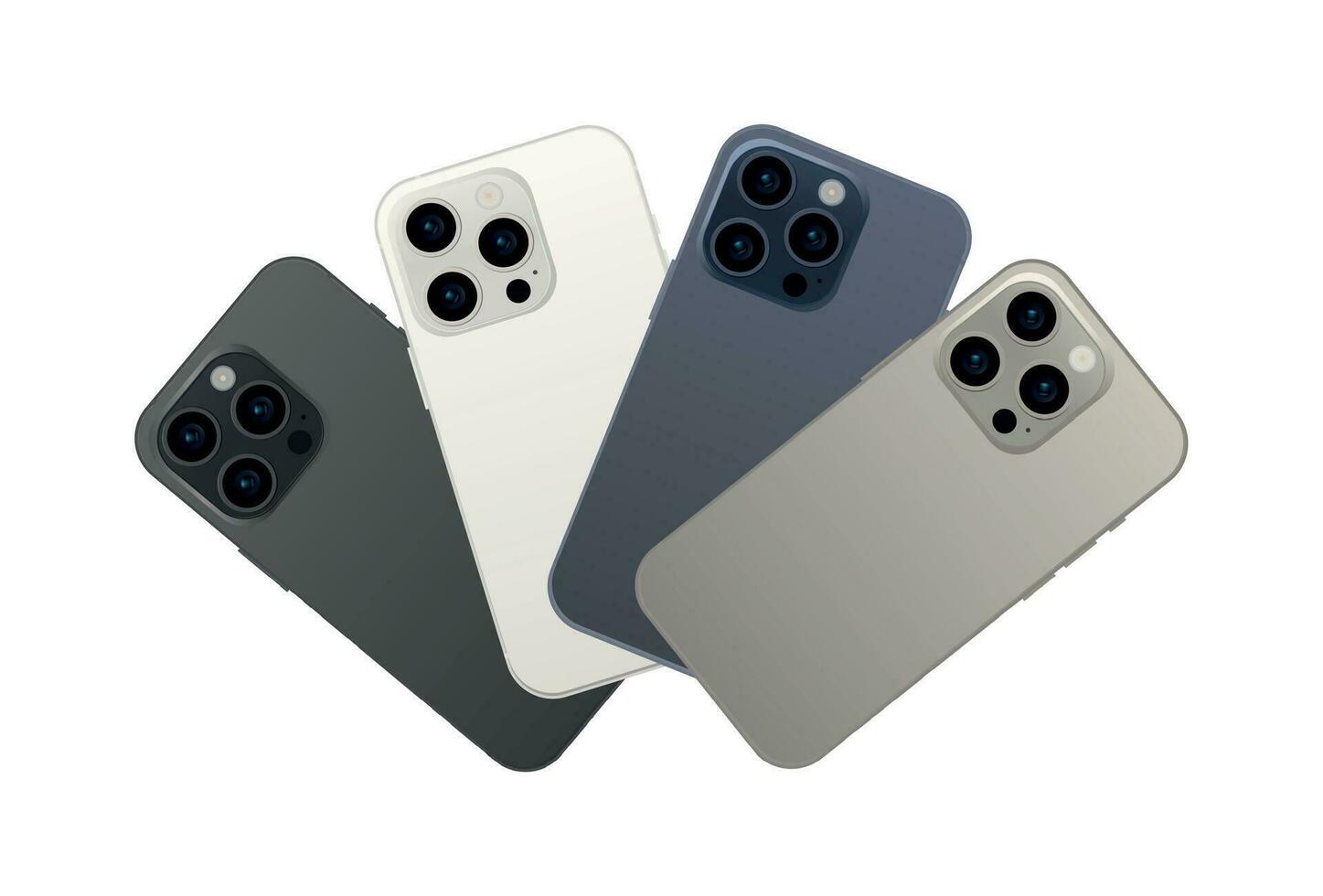 New smartphone 15 PRO, modern smartphone gadget, set of 4 pieces in new original colors - Vector