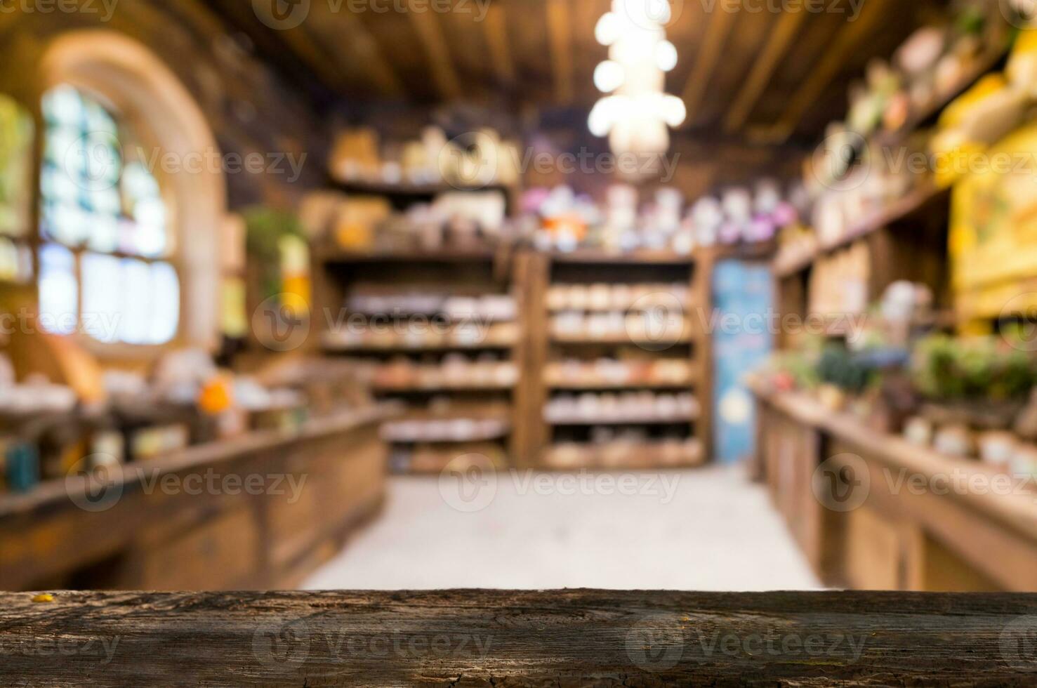 Rustic Wooden Counter with Blurred Pharmacy Interior ideal for product presentations or mockups. photo