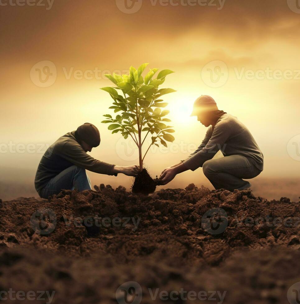 Two people planting trees, nature stock photo