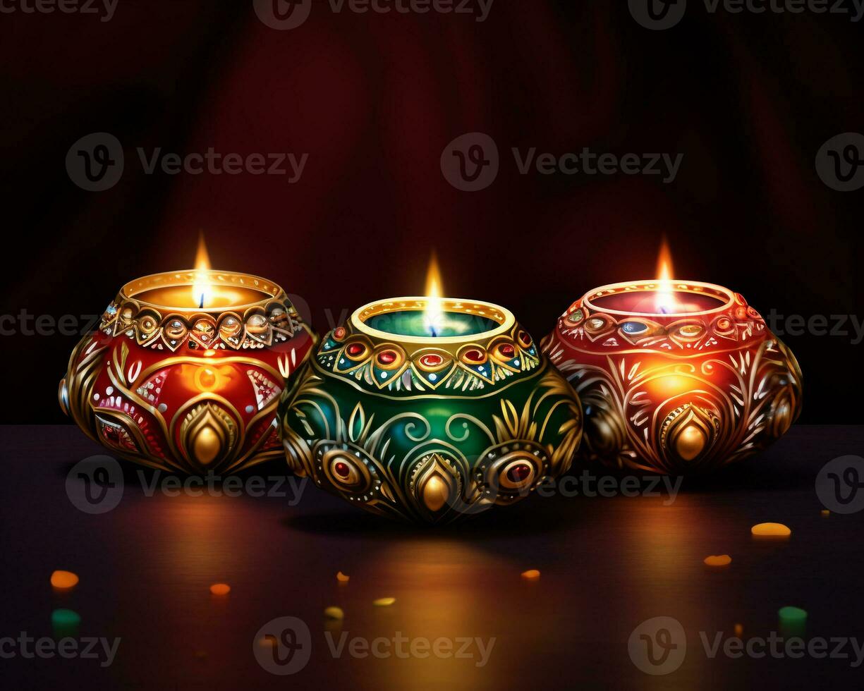 Three lit diyas in colorful light on a background, diwali stock images and illustrations photo