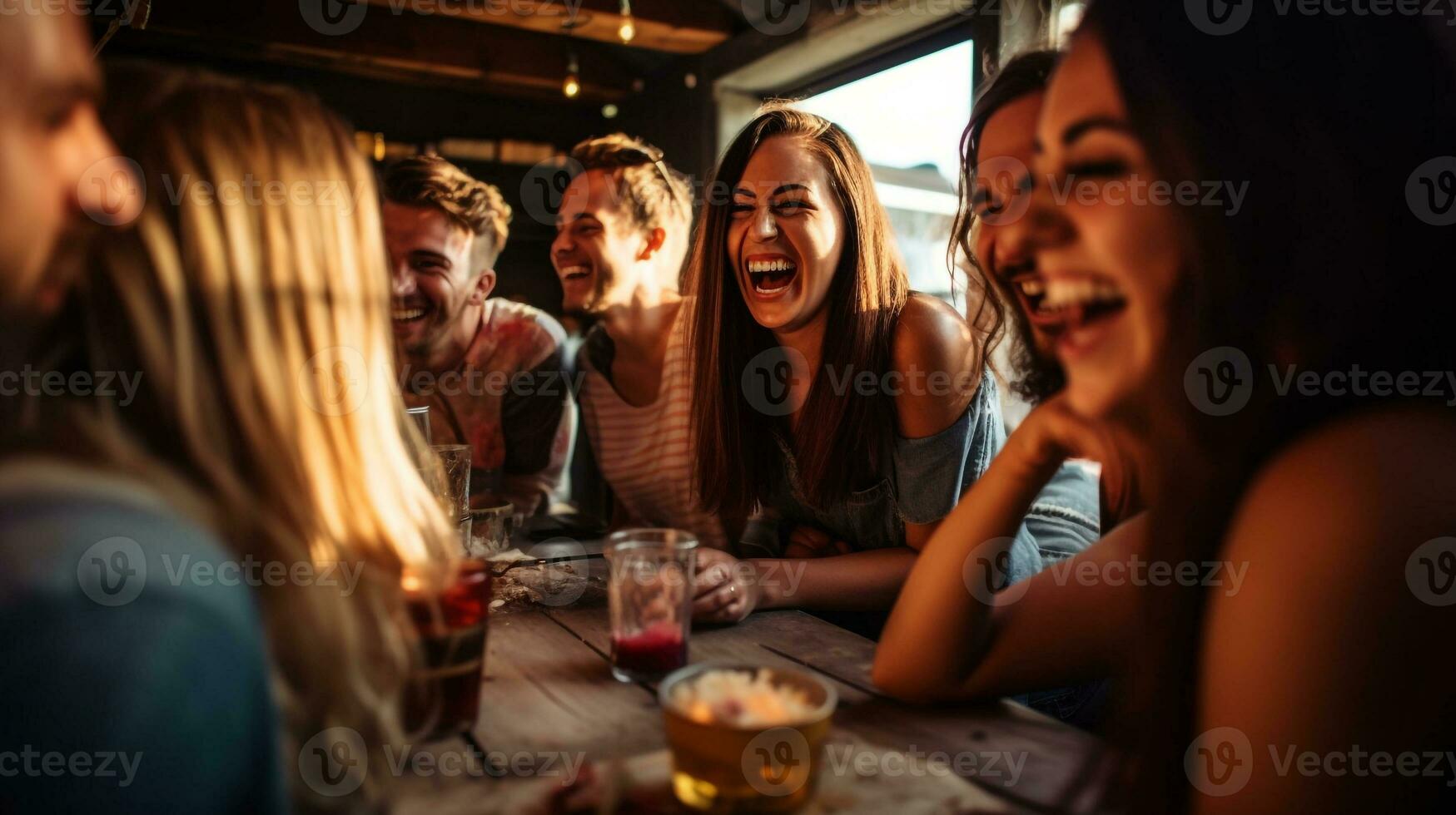 A group of friends laughing as they tell stories, mental health images, photorealistic illustration photo