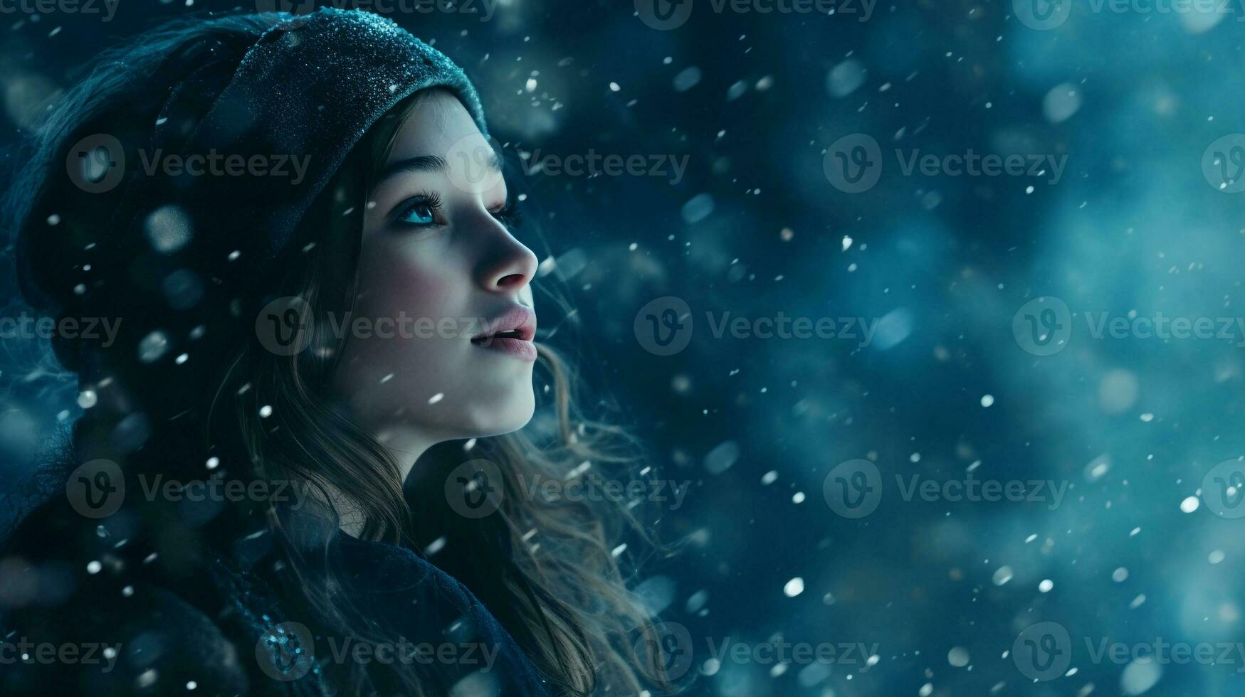 A blue background with snowflakes falling over the image, christmas image, photorealistic illustration photo