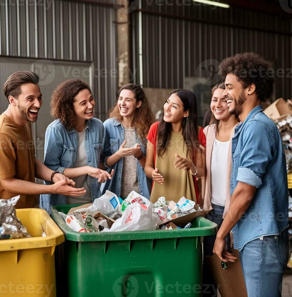 A group of friends are standing in front of a recycling center sorting their trash into different bins, nature stock photo