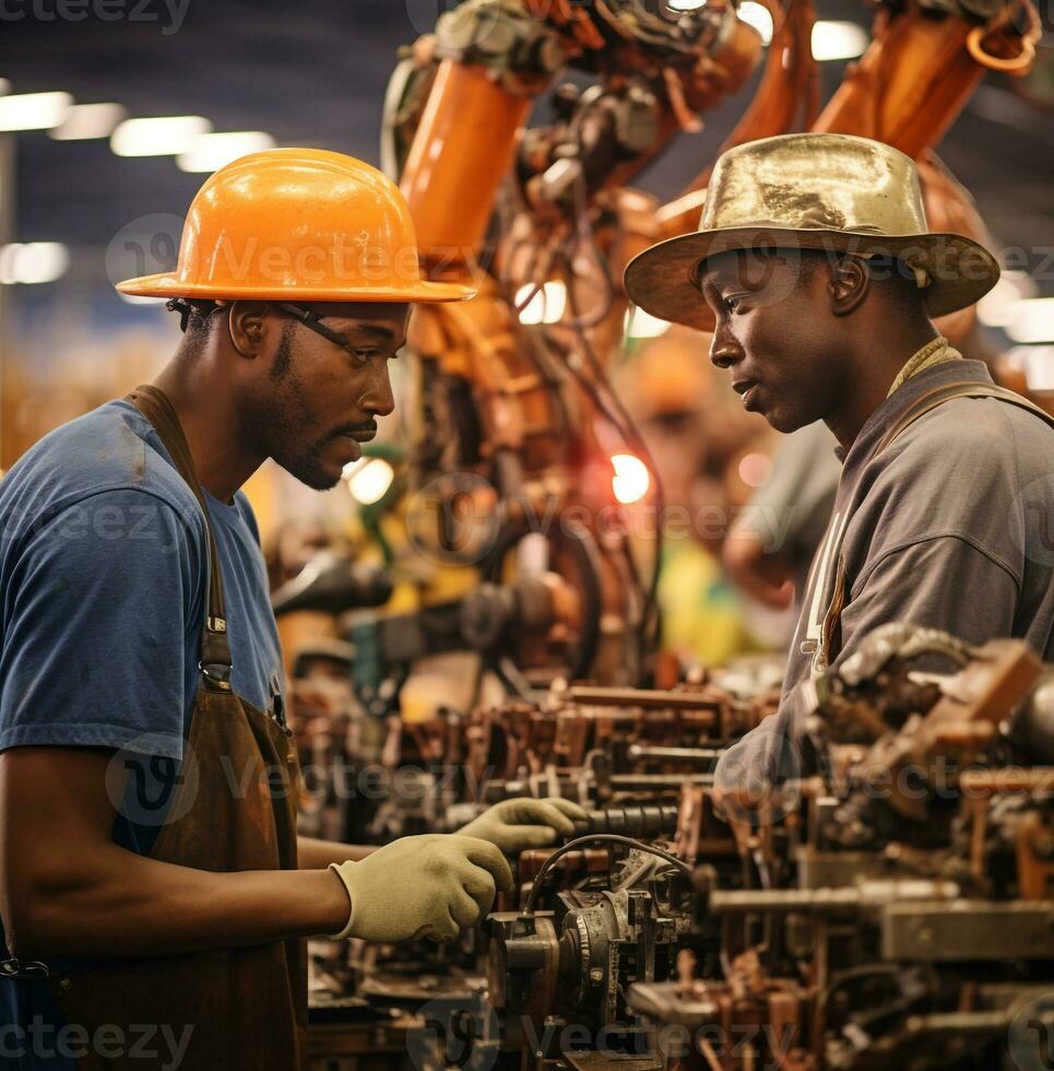 Two industrial workers in hats looking at robots at an assembly line, industrial machinery stock photos