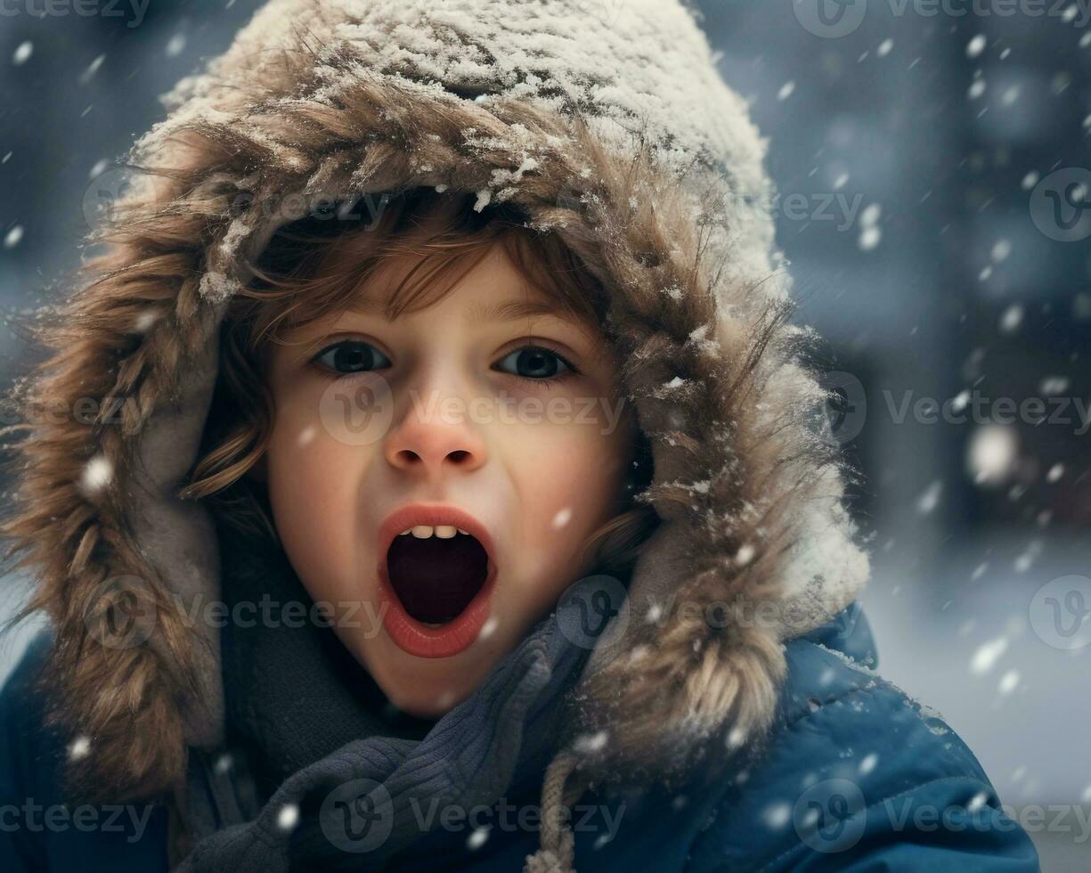 Fun child and his tongue out in the snow, christmas image, photorealistic illustration photo