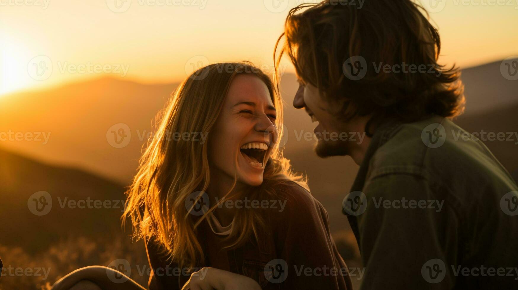 A couple laughing as they watch a sunset, mental health images, photorealistic illustration photo