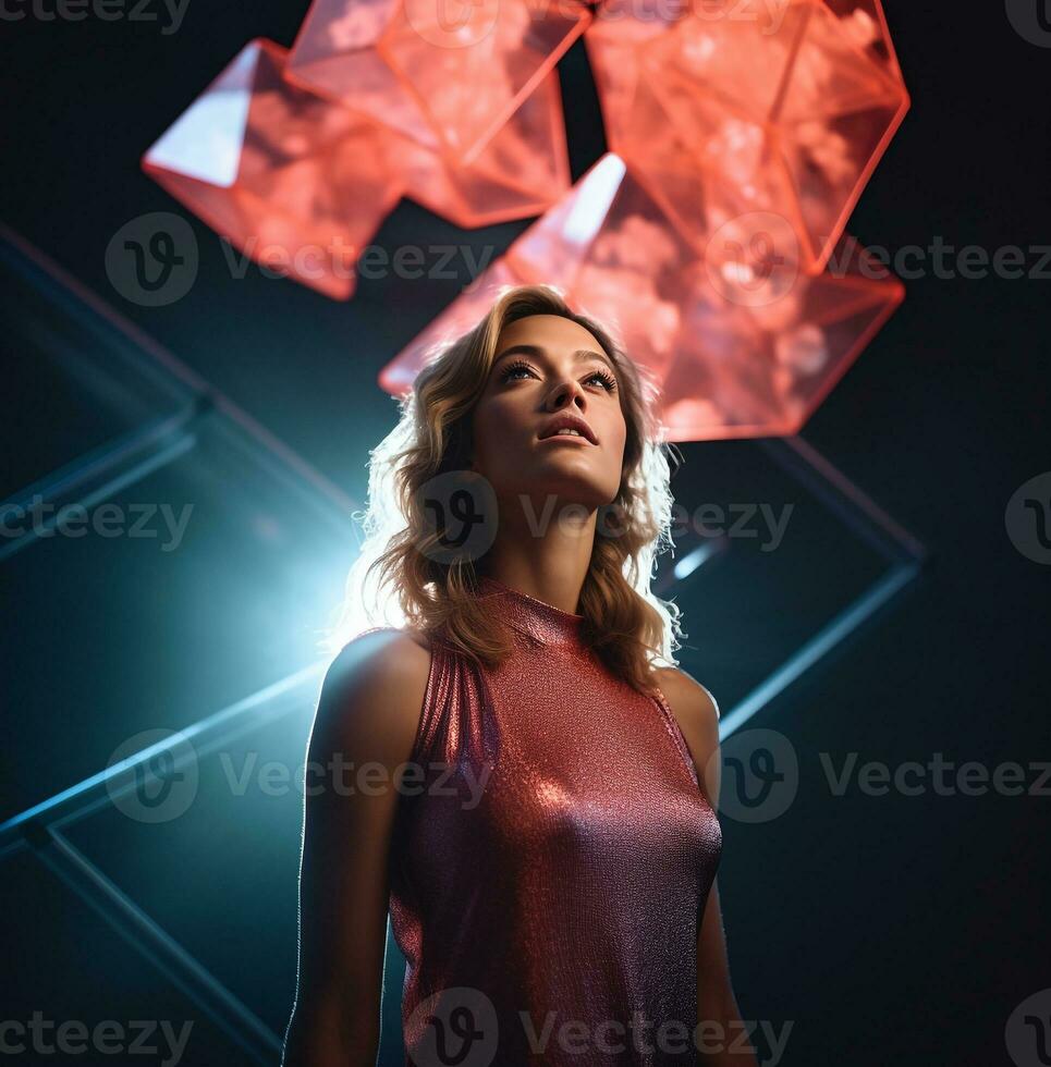 Image of a woman standing upward looking skyward, modern aging stock images, ai generated aging images photo