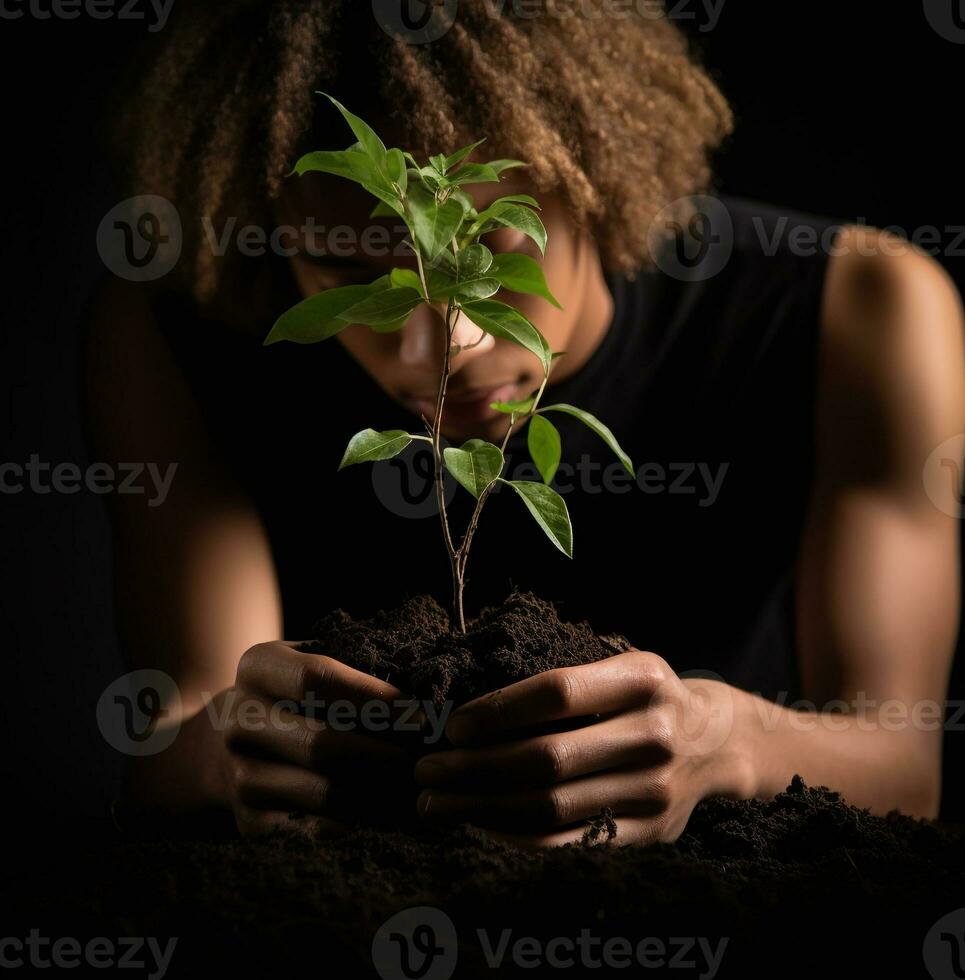 joven persona participación un verde planta y conmovedor negro fondo, naturaleza valores foto