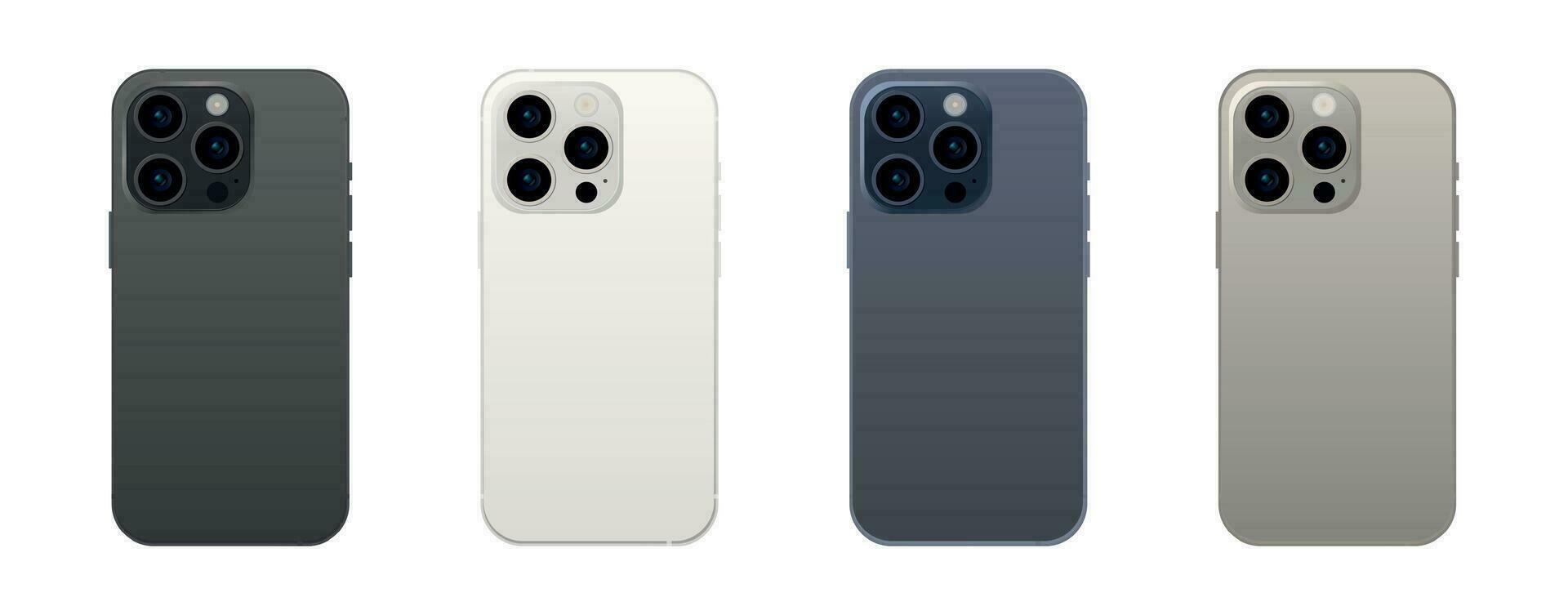 New smartphone 15 PRO, modern smartphone gadget, set of 4 pieces in new original colors - Vector