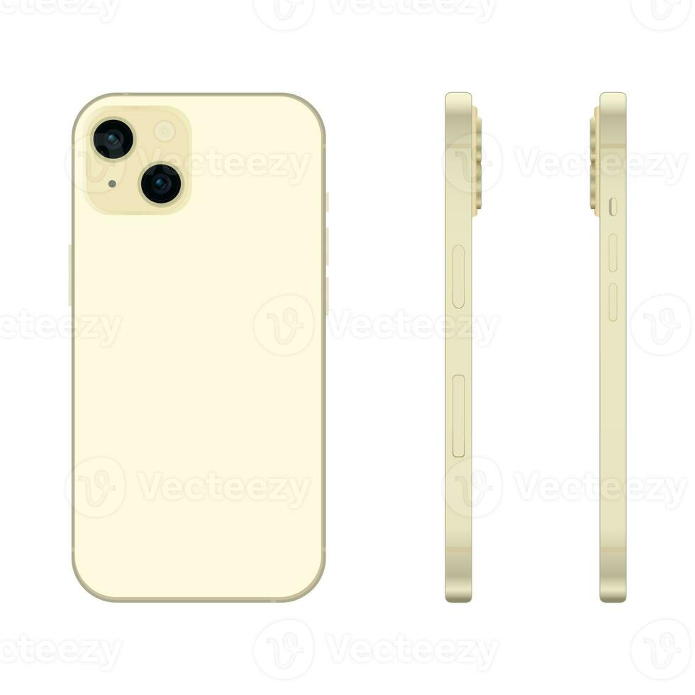 New yellow smartphone model 15, mockup template on white background - Vector photo