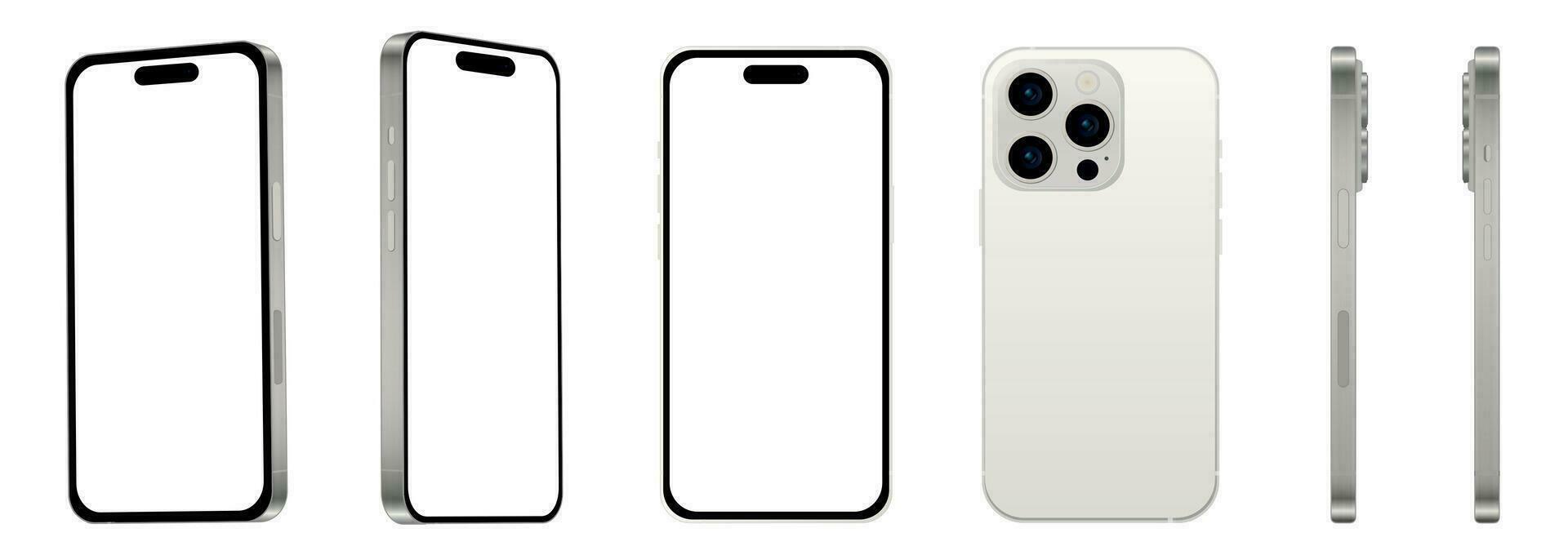 Set of 6 pcs at different angles, 15 PRO white titanium smartphone models NEW, mockup for web design on white background vector