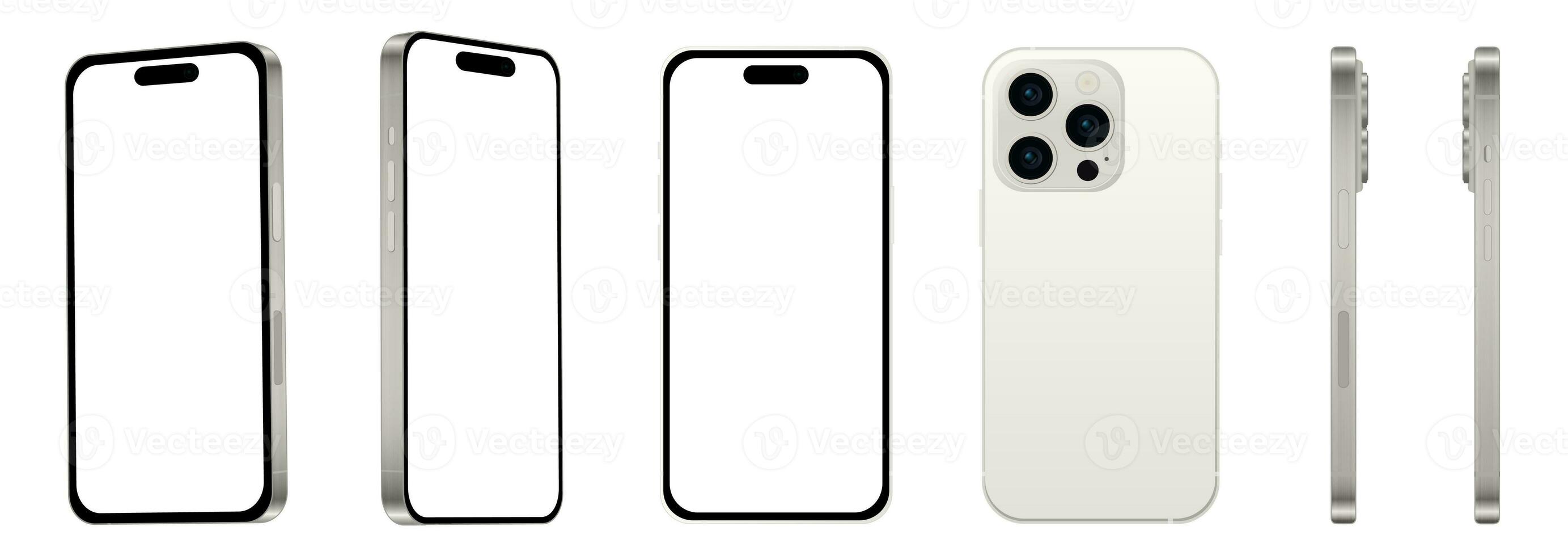 Set of 6 pcs at different angles, 15 PRO white titanium smartphone models NEW, mockup for web design on white background photo