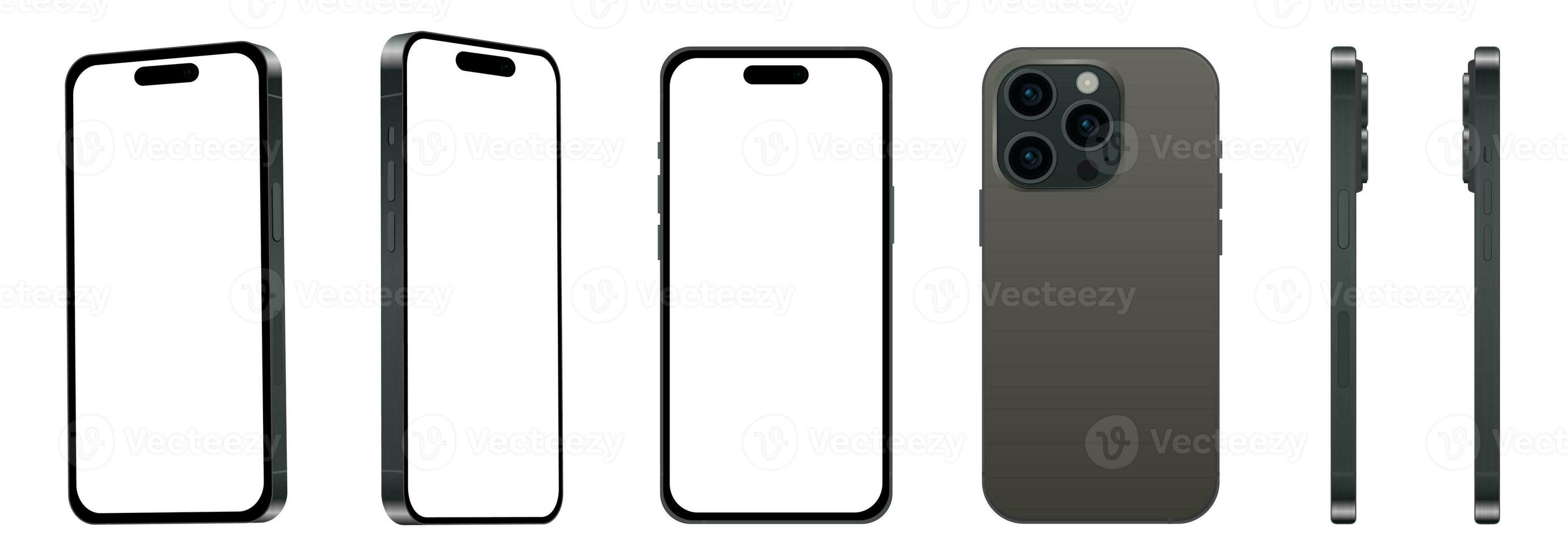 Set of 6 pcs at different angles, 15 PRO black titanium smartphone models NEW, mockup for web design on white background photo