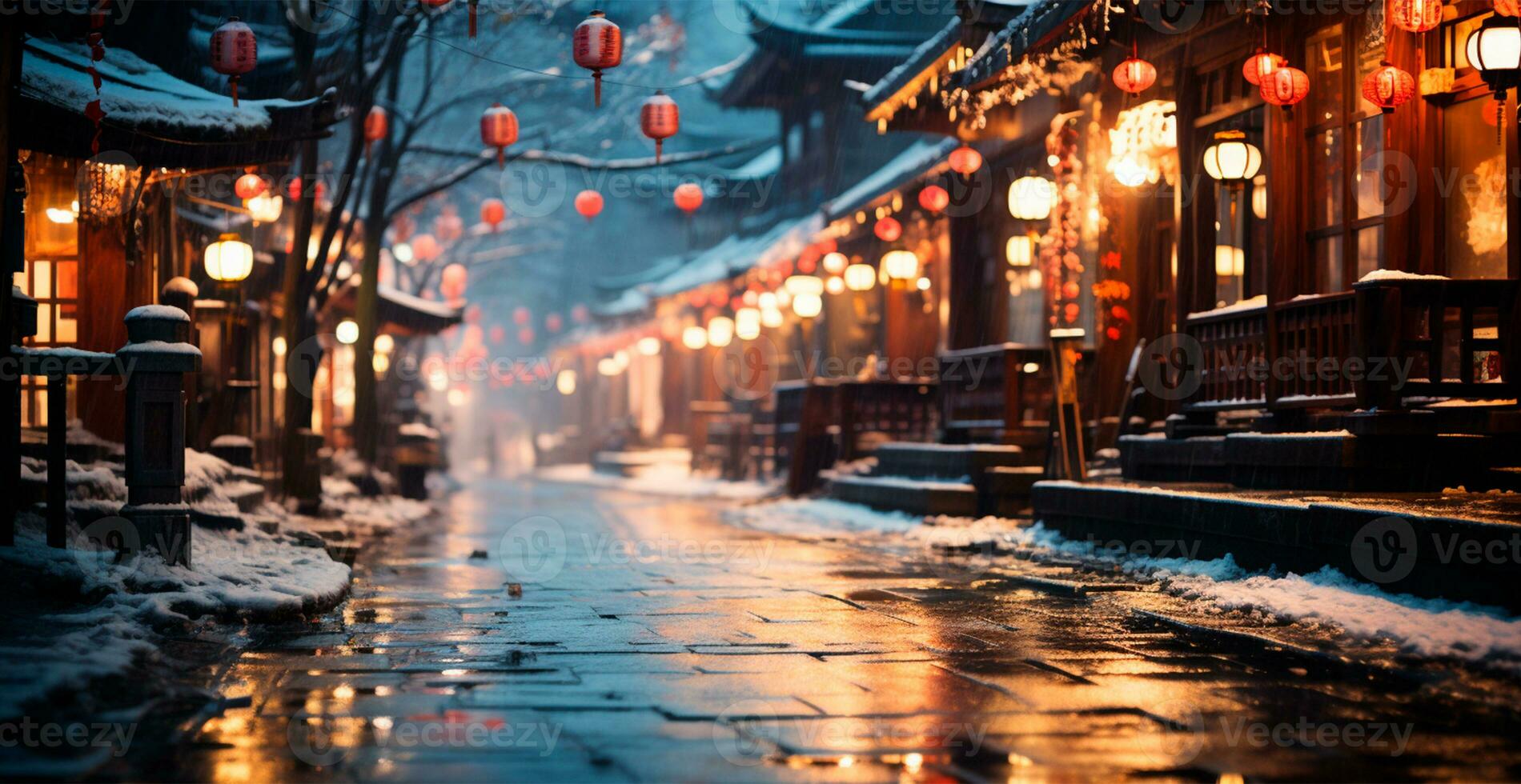 Night snowy Christmas Japan, New Year holiday, blurred background - AI generated image photo