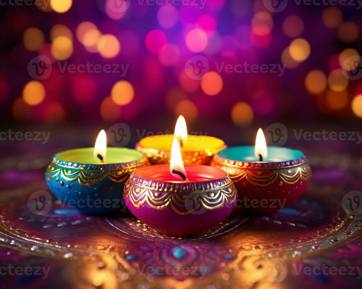 Three lit diwali lamps on a colorful background, diwali stock images and illustrations photo