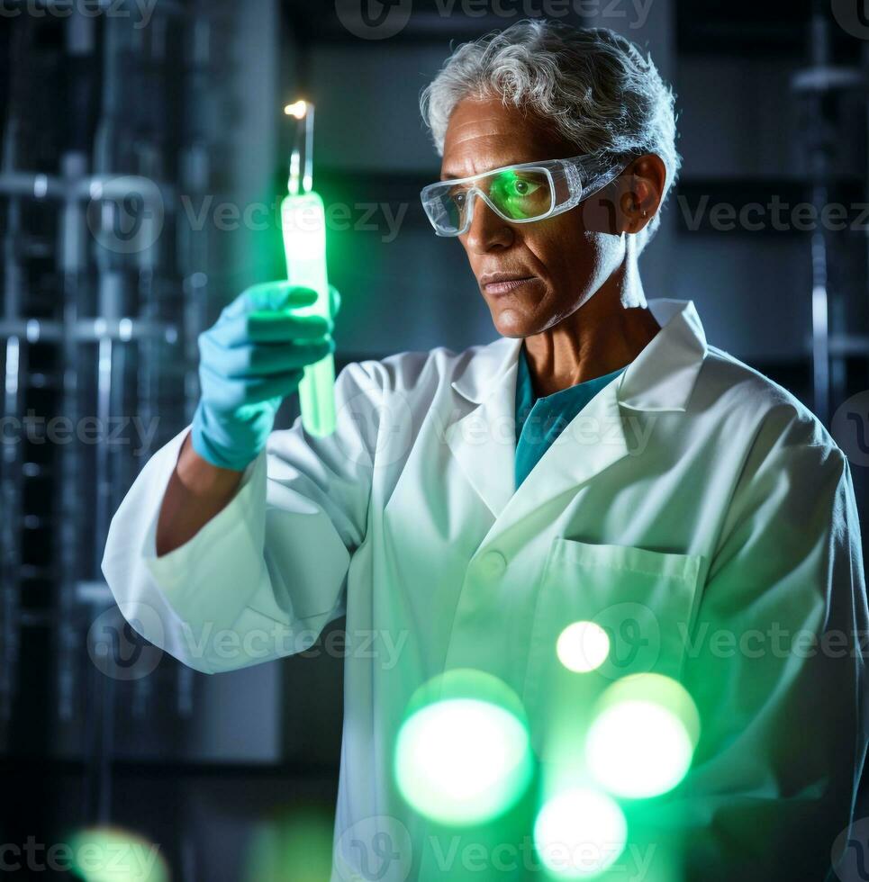 un científico en un blanco Saco soportes en un oscuro laboratorio, médico valores imágenes foto