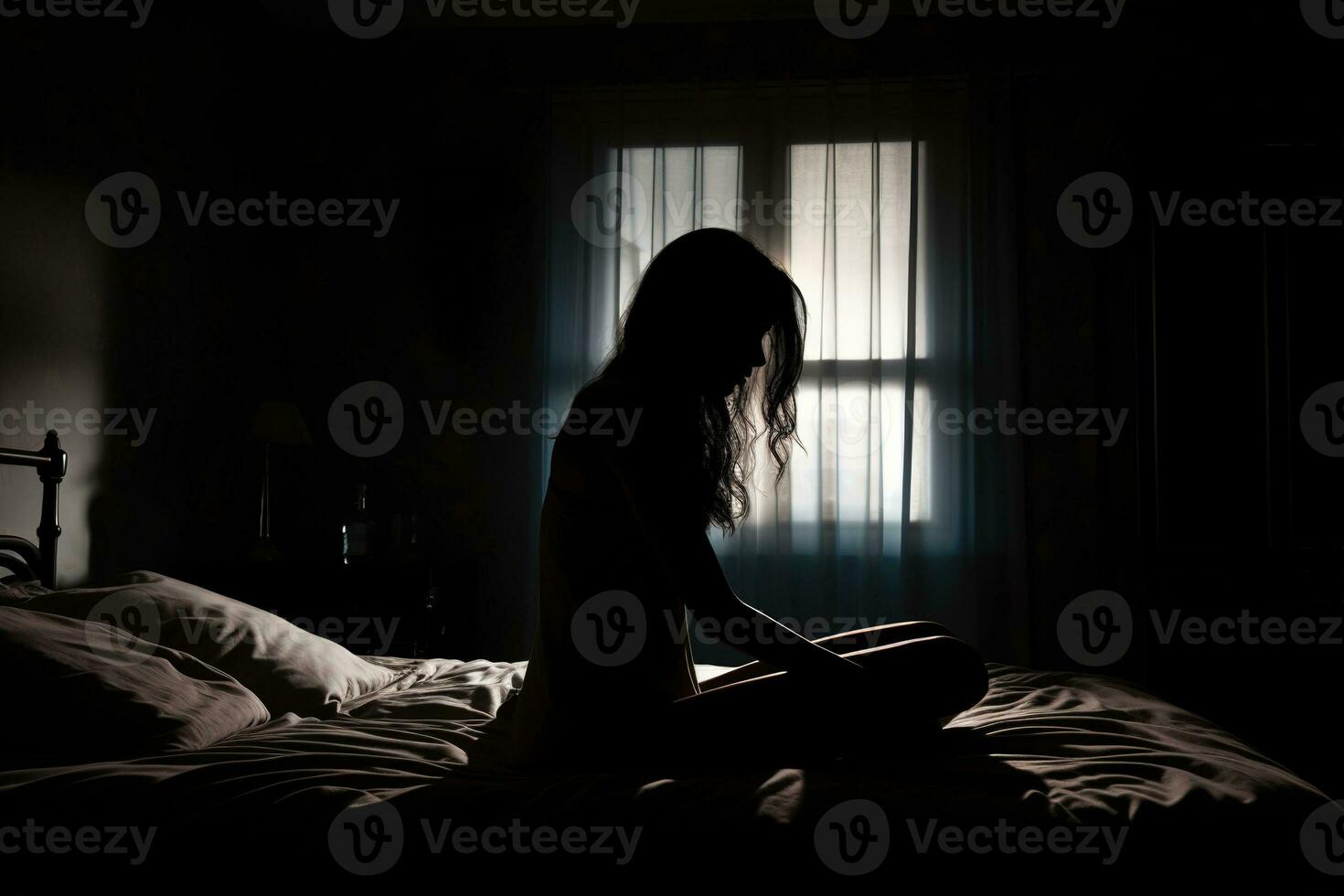 Silhouette sad woman suffering depression insomnia awake and sit alone on the bed in bedroom. sexual harassment and violence against women, health concept. Created with Generative AI. photo