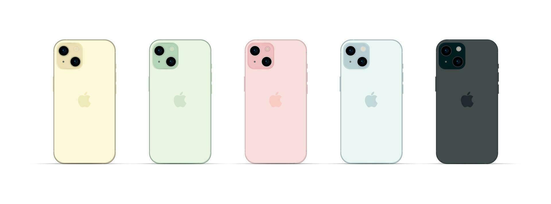 New Apple iPhone 15, modern smartphone gadget, set of 5 pieces in new original colors - Vector