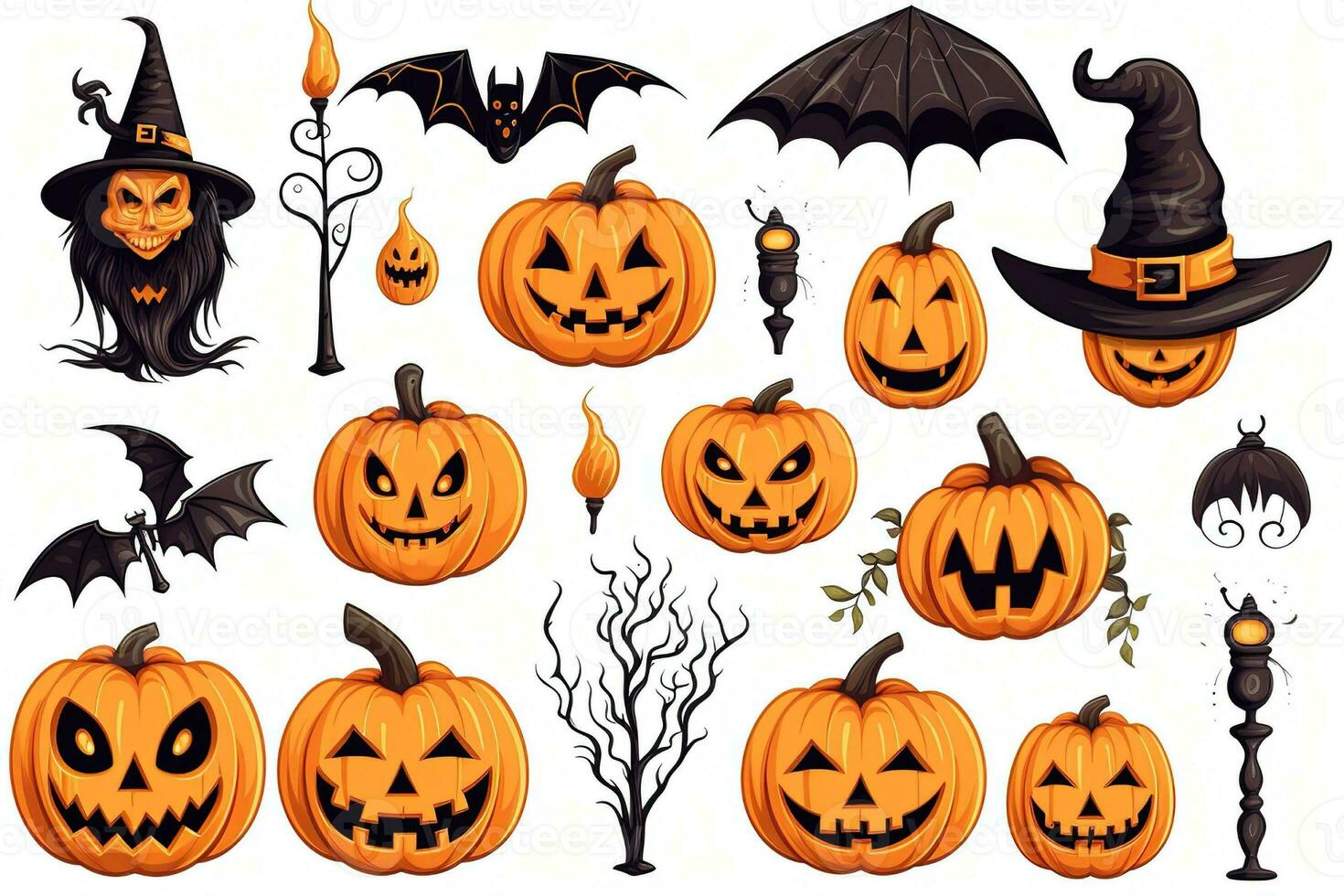 icon sets of halloween on white background. explore a spooky halloween world with icons like pumpkins, ghosts, witches, and skeletons on a white backdrop. perfect for your festive photo