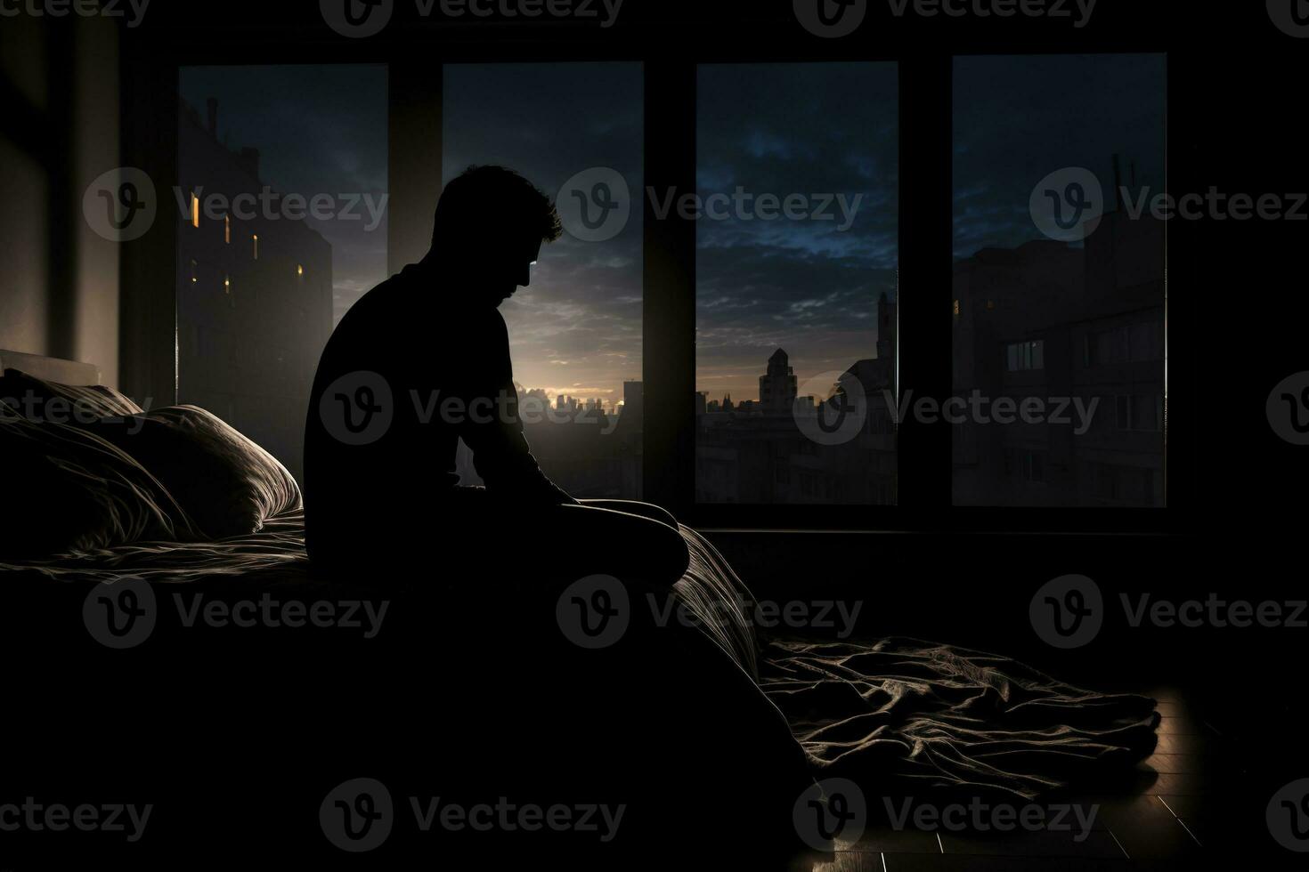 Silhouette depressed man sadly sitting on the bed in the bedroom. Sad asian man suffering depression insomnia awake and sit alone on the bed in bedroom. Created with Generative AI. photo