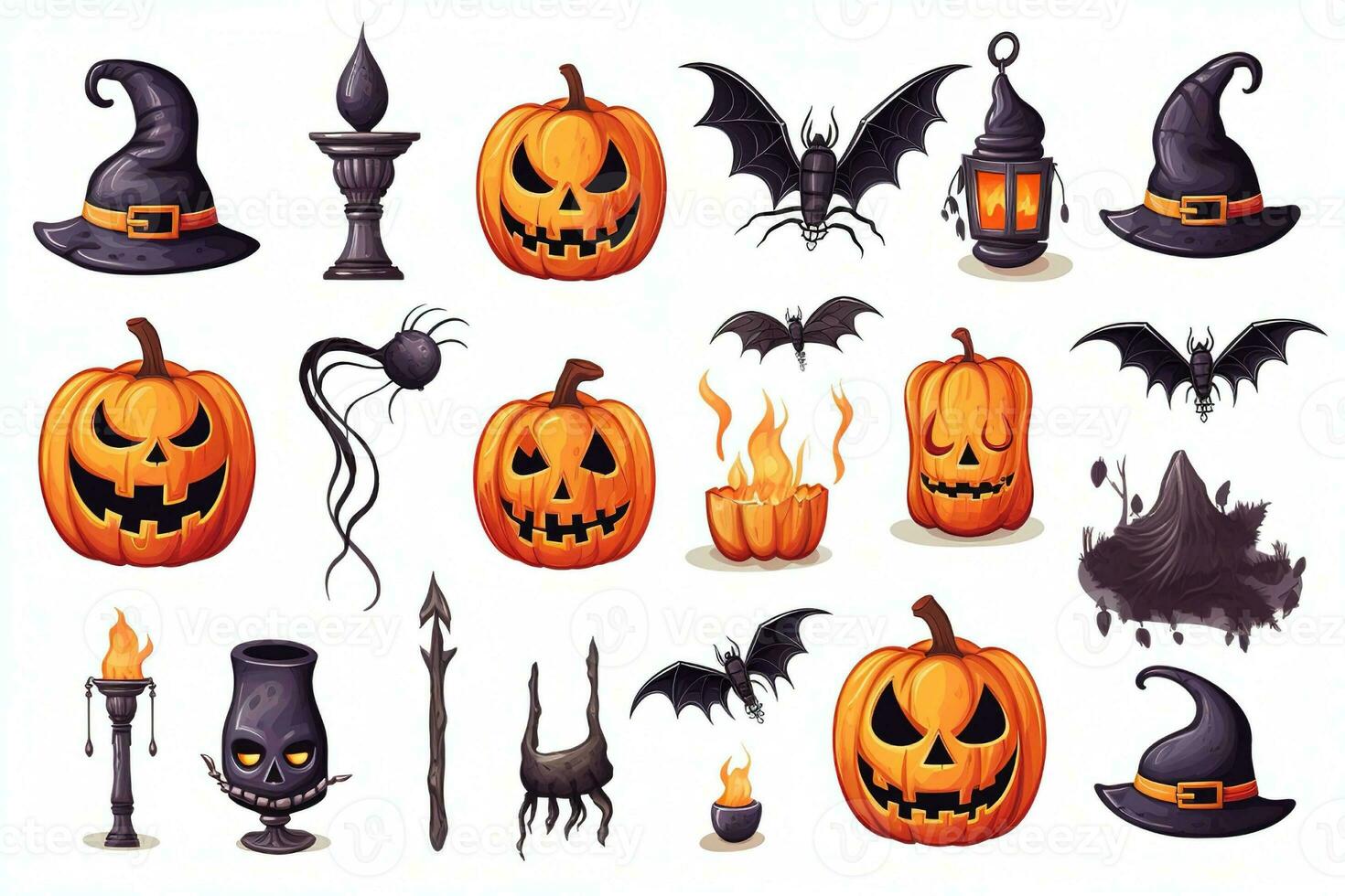 icon sets of halloween on white background. explore a spooky halloween world with icons like pumpkins, ghosts, witches, and skeletons on a white backdrop. perfect for your festive photo