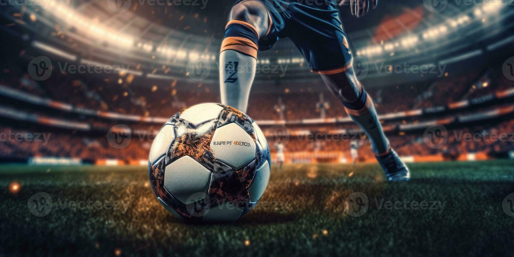 Generative AI, football boot kicking a soccer ball, goal moment on the stadium photo