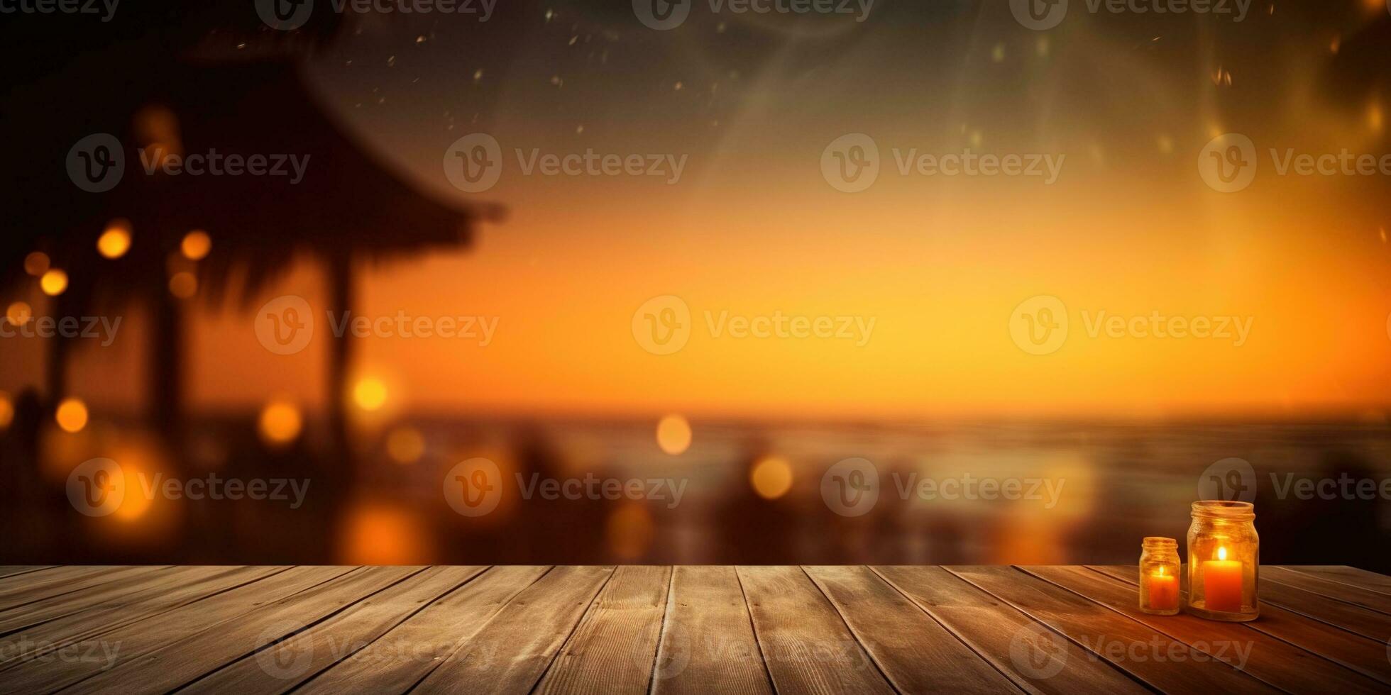 Generative AI, Tropical summer sunset beach bar background. Wooden table top product display showcase empty stage. photo