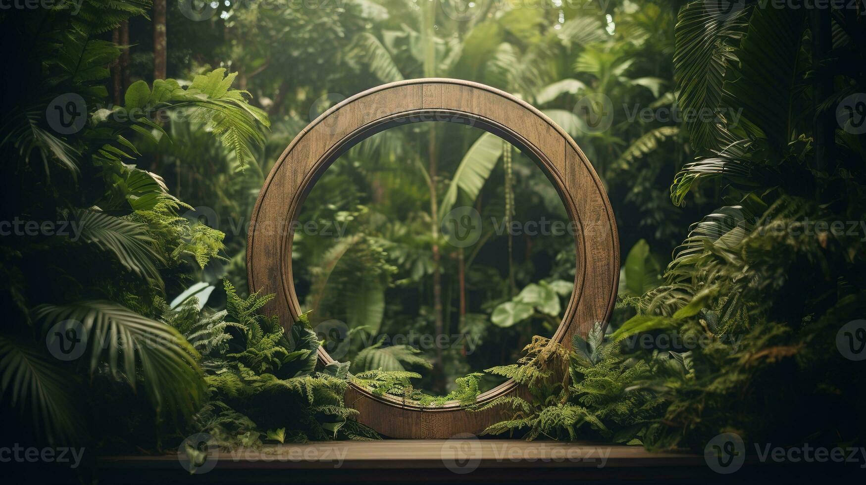 Generative AI, Empty circle wooden frame and tropical leaves on jungle background. For product display. photo