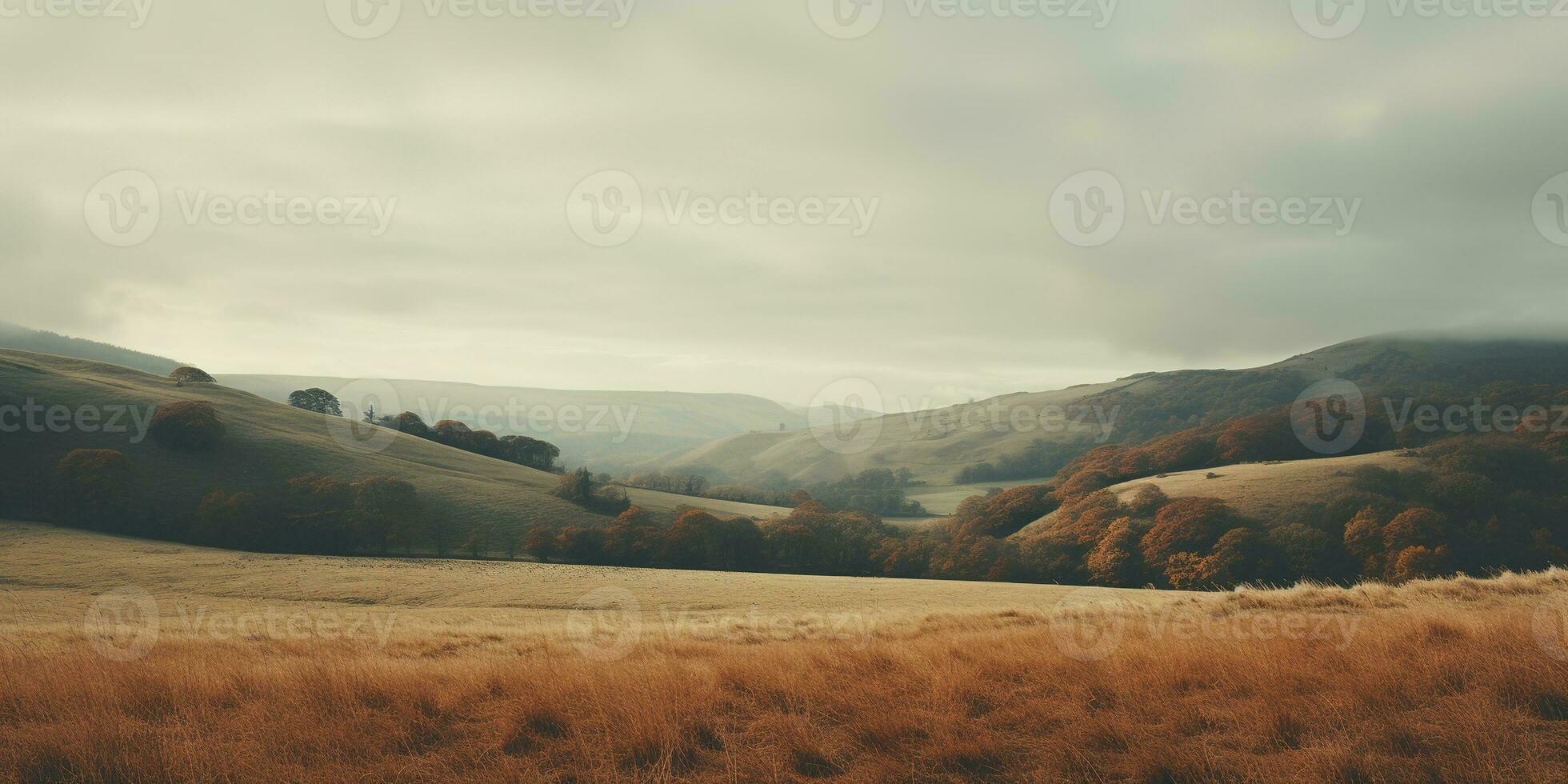 Generative AI, Autumn aesthetic landscape panorama, muted neutral colors. photo