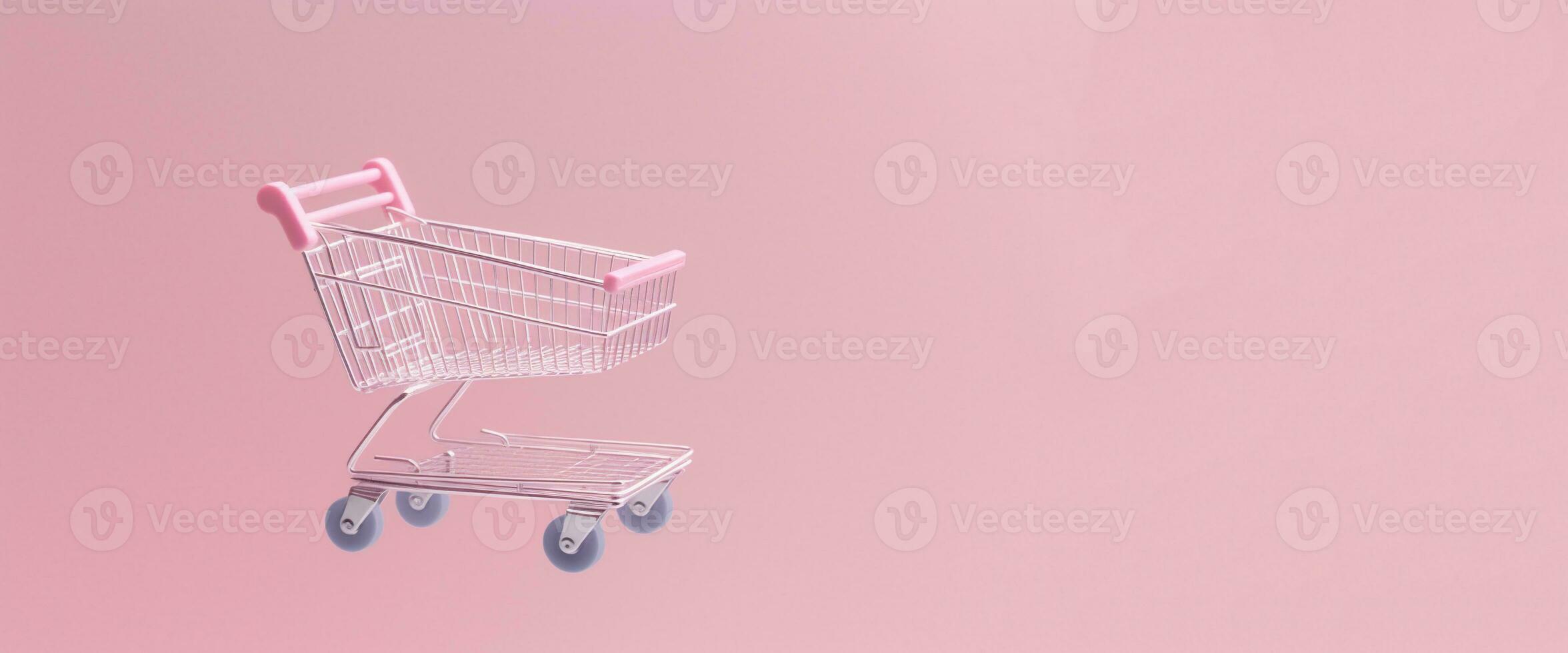 Generative AI, pink shopping cart on pink background, minimalistic shop online, free delivery, discounts and sale concept. photo