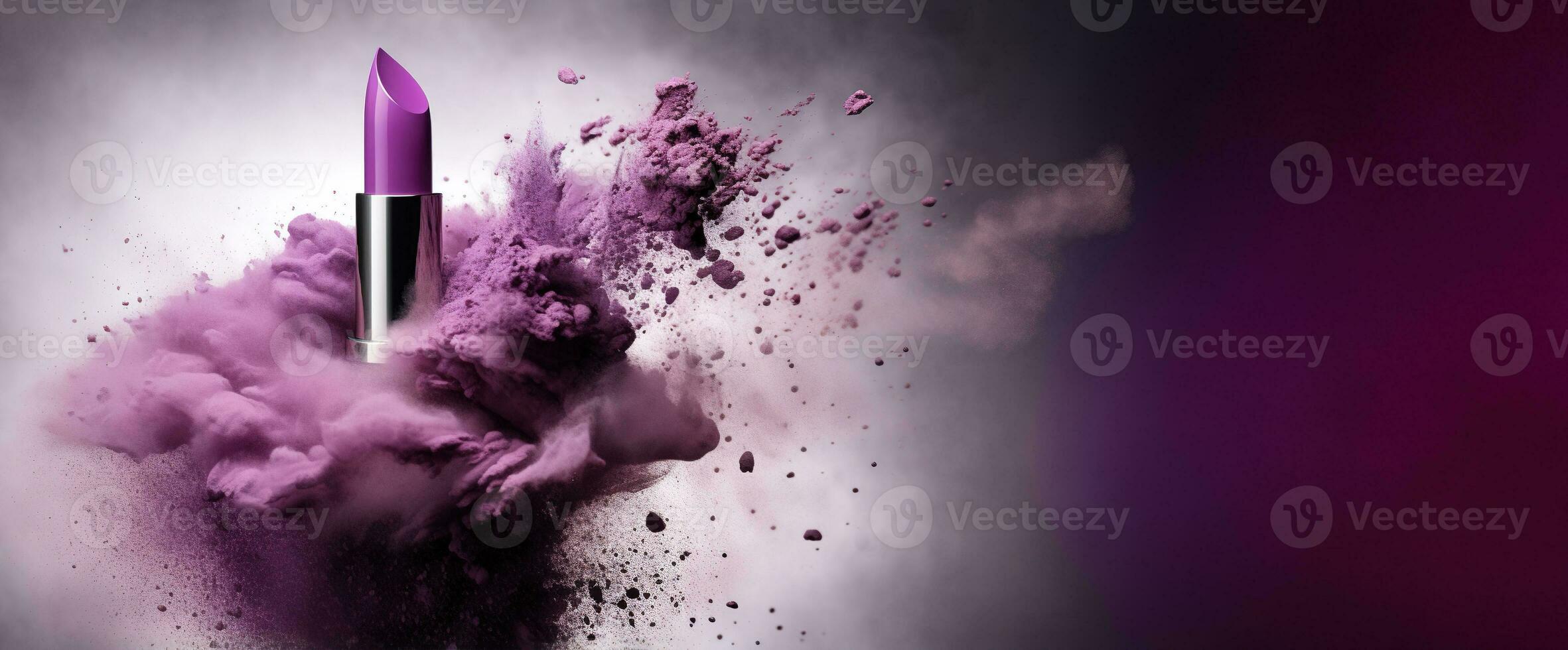 Generative AI, Purple lipstick, powder splashes and smoke on purple background. photo