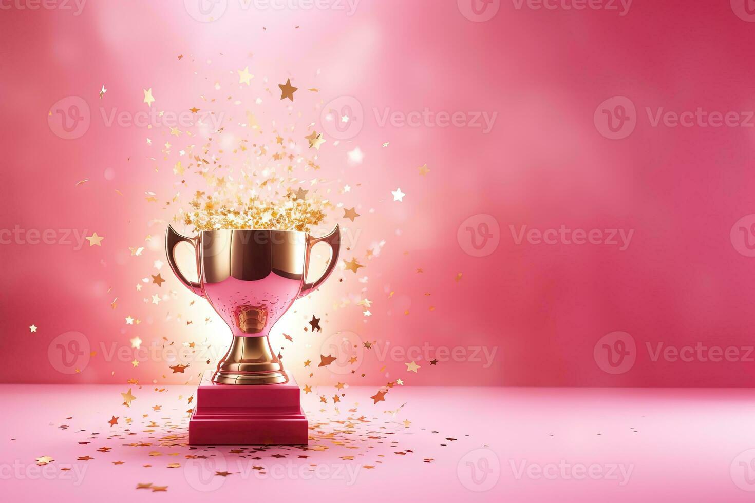 Generative AI, Winner trophy with flames, pink golden champion cup with falling confetti on pink background photo