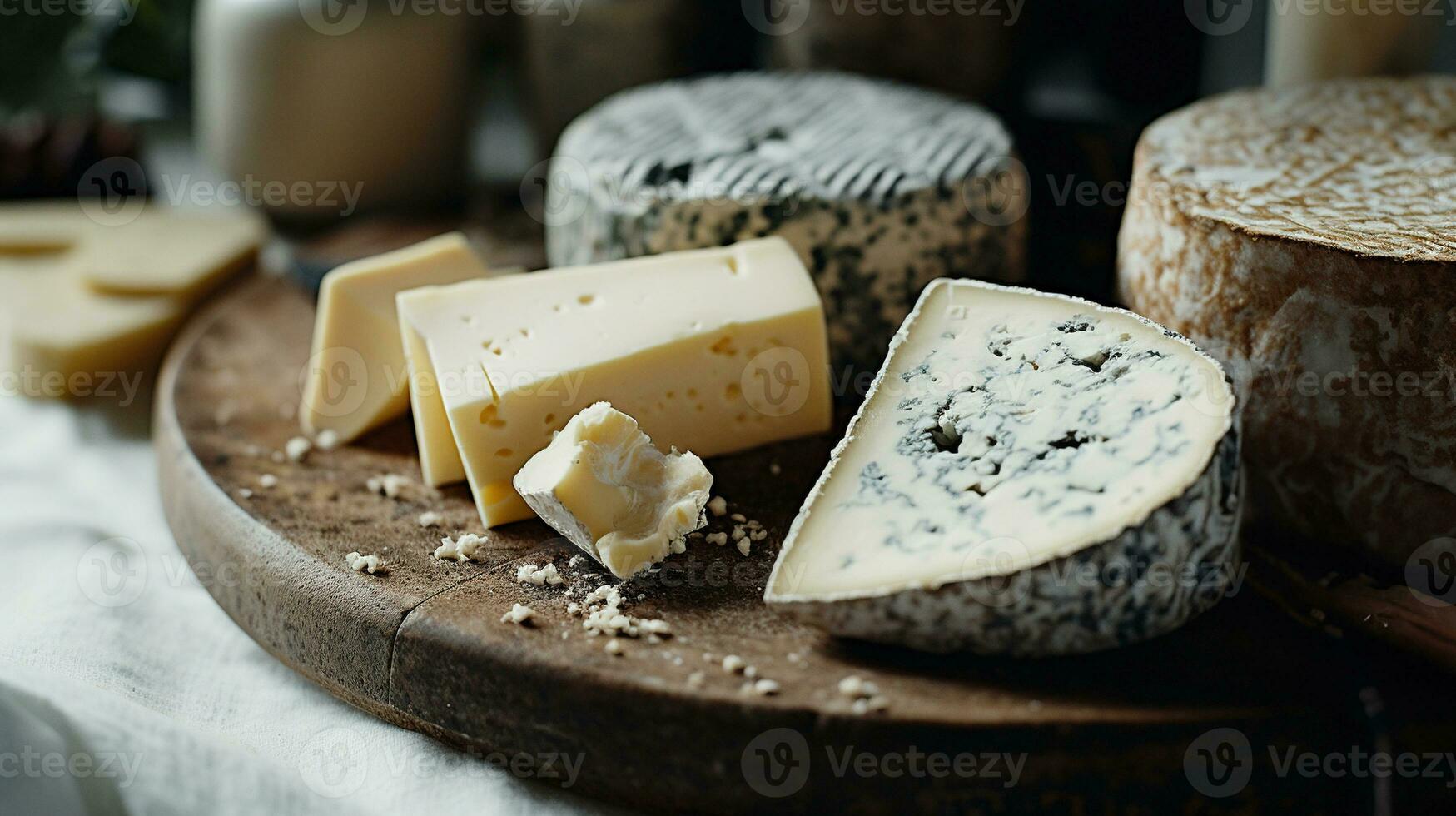 Generative AI, Different types of cheese on the table, aesthetic muted neutral colors photo