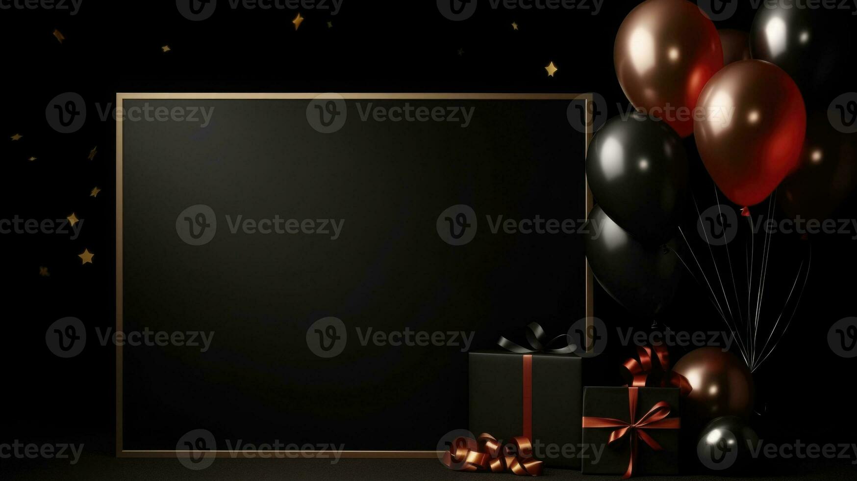Festive balloons and gift boxes on dark background. Generative AI photo