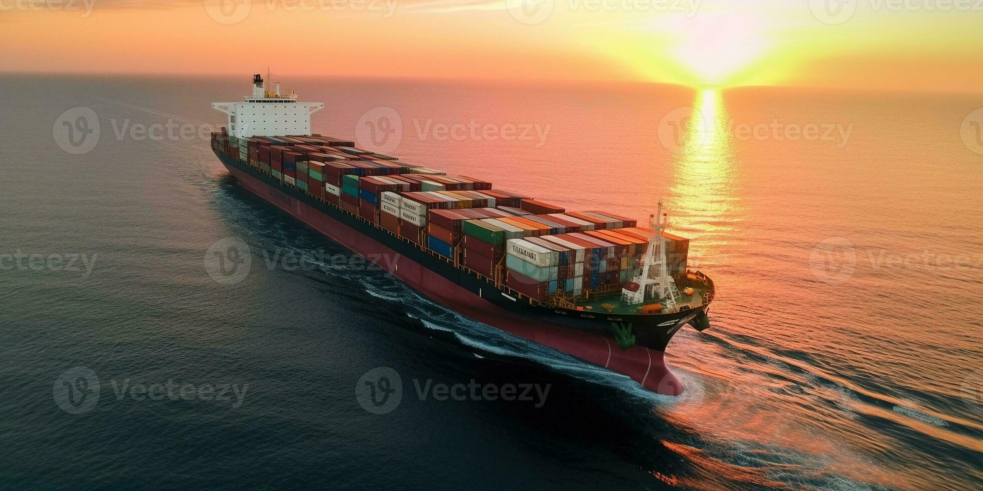 Generative AI, container ship in import export and business logistic. Aerial view, water transport, cargo shipping in open sea. photo