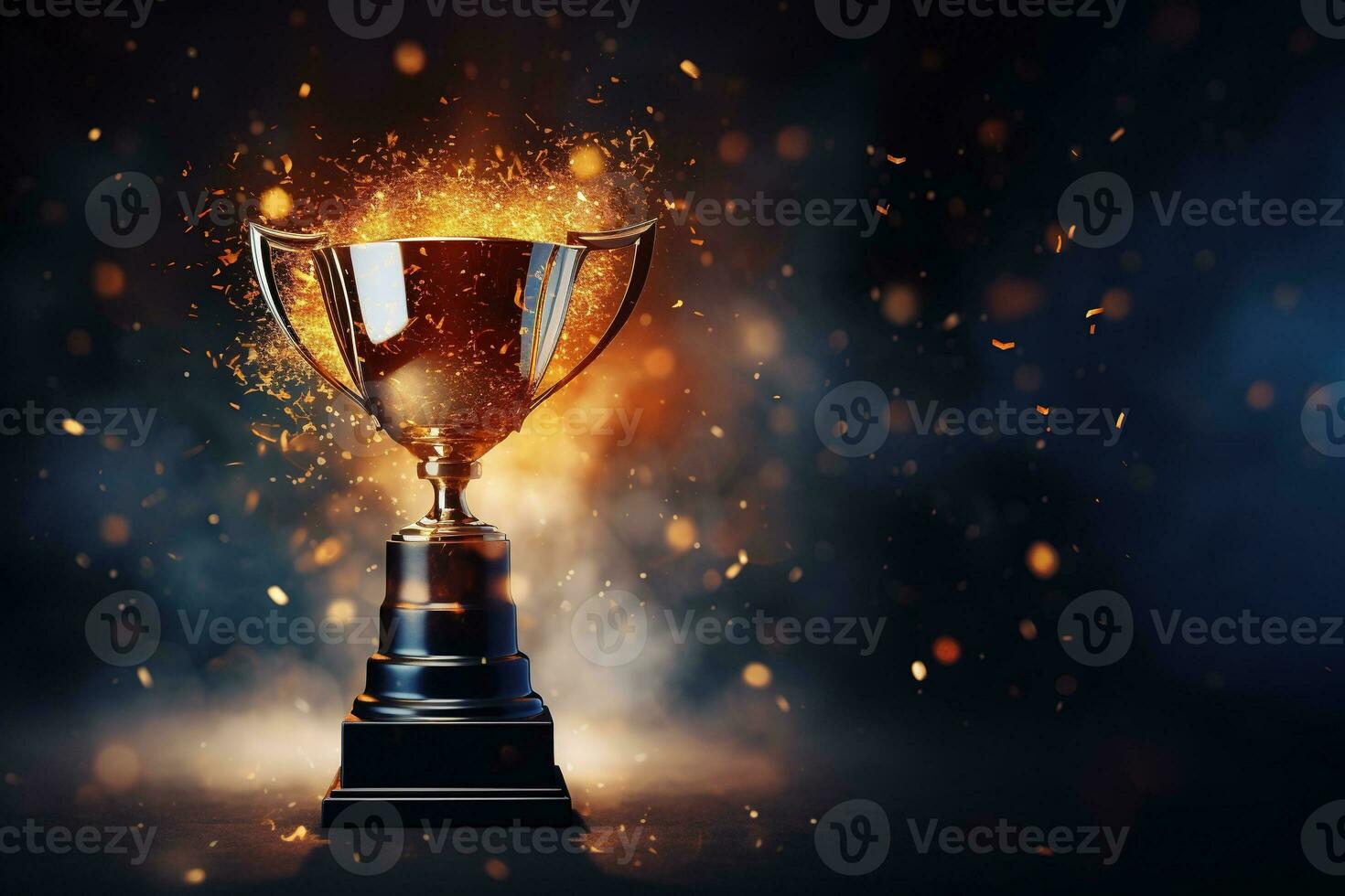 Generative AI, Winner trophy with flames, golden champion cup with falling confetti on dark background photo