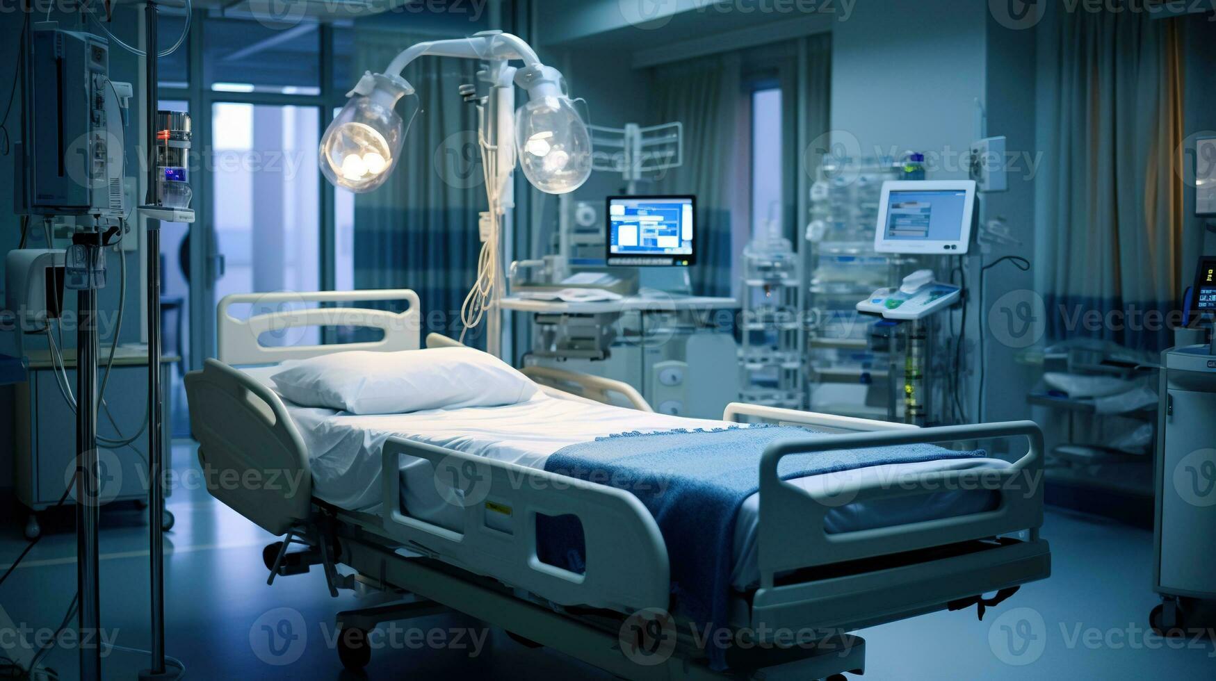 generativo ai, recuperación habitación con cómodo cama, médico interior, vacío hospital habitación. foto