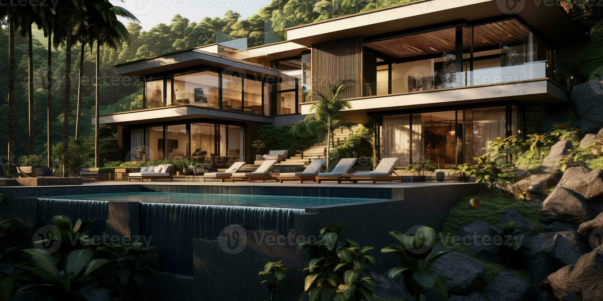 Generative AI, View of swimming pool in front of a modern luxury house. Villa, hotel resort photo