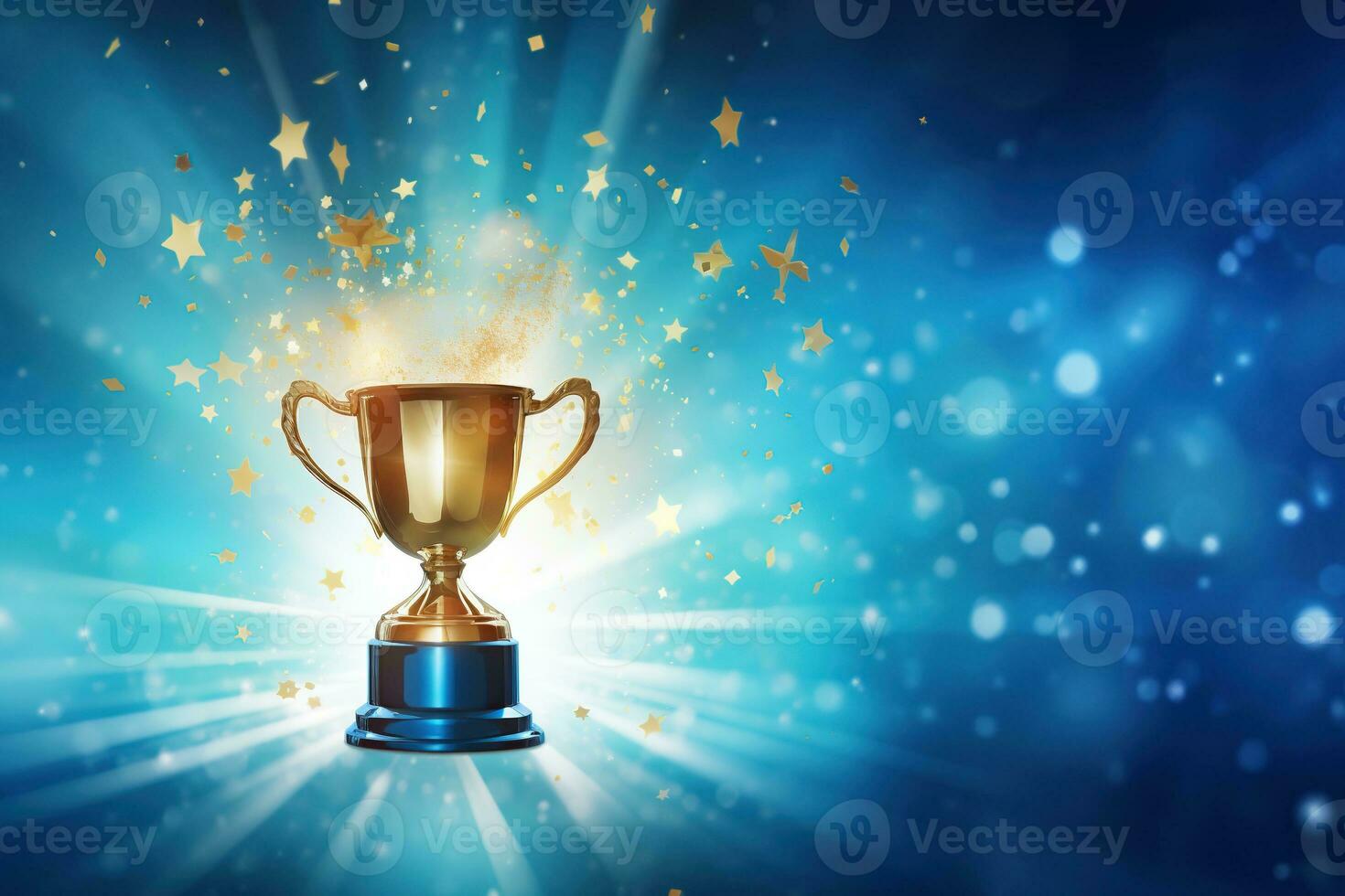 Generative AI, Winner trophy with flames, blue golden champion cup with falling confetti on blue background. photo