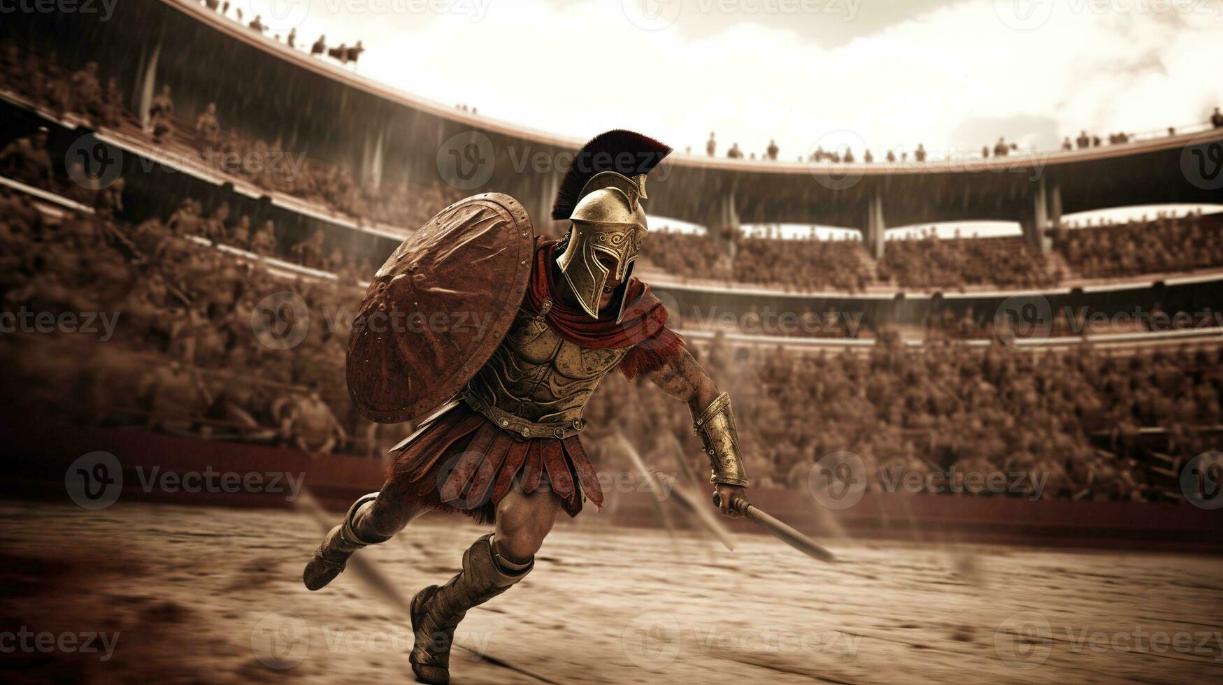 Generative AI, Realistic illustration of a fierce gladiator attacking, running. Armoured roman gladiator in combat wielding a sword charging towards his enemy. photo