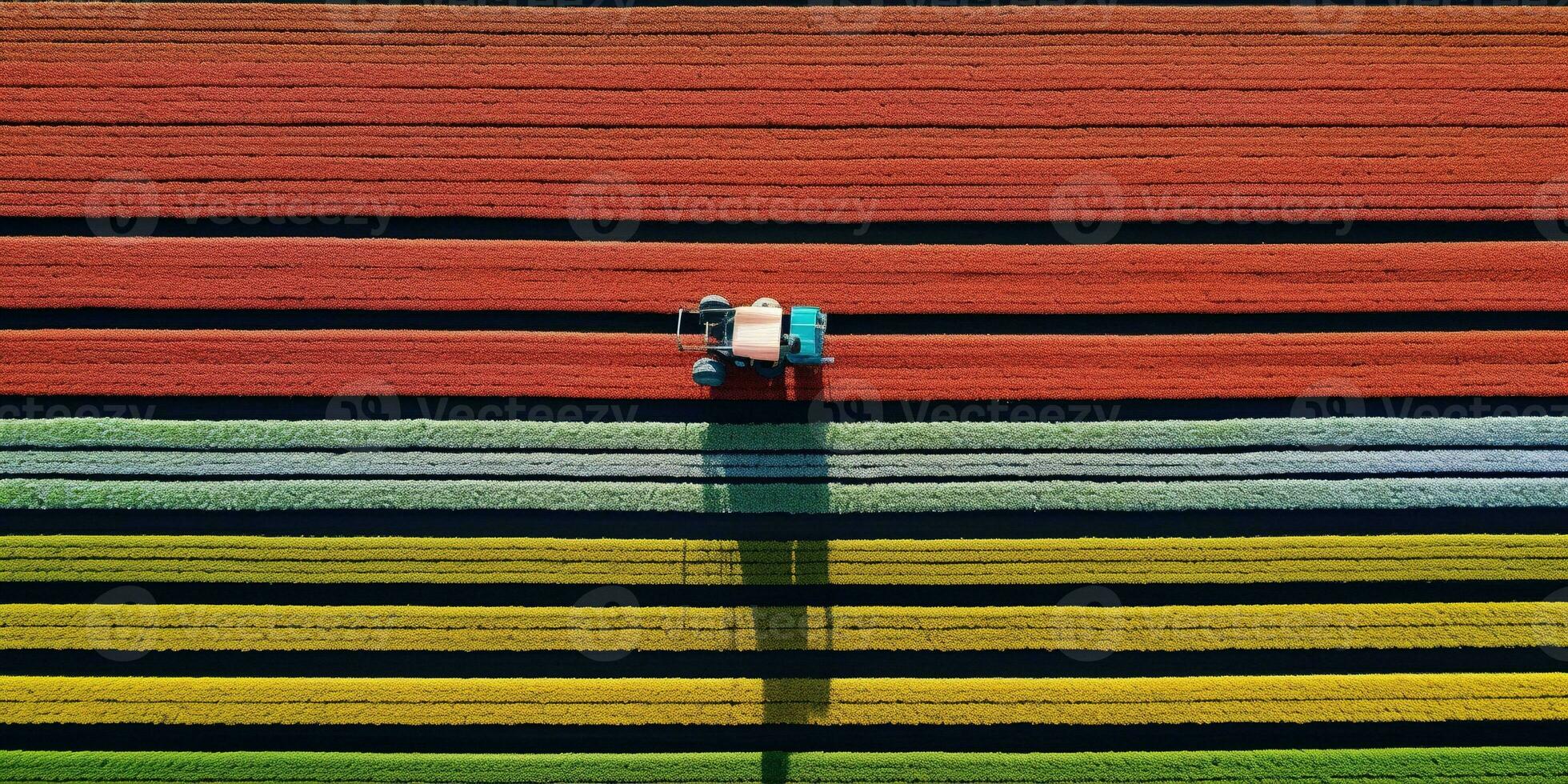 Generative AI, Farm colorful landscape, agricultural fields, beautiful countryside, country road. Nature Illustration, top view drone, horizontal banner. photo