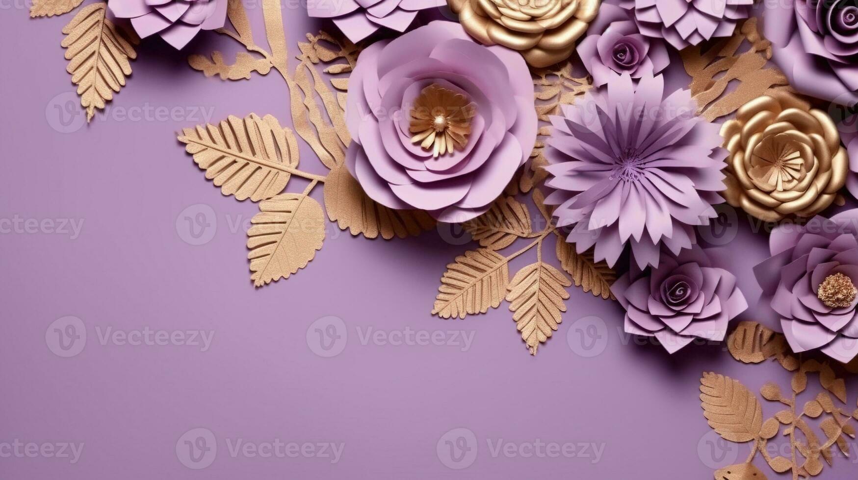 generativo ai, papel cortar arte flores y dorado hojas, ligero púrpura, digital lavanda color, floral origami texturizado fondo, primavera humor. foto